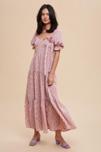 Dusty Rose Rosette Sweetheart Neck Floral Tiered Dress sold by Pinkblush