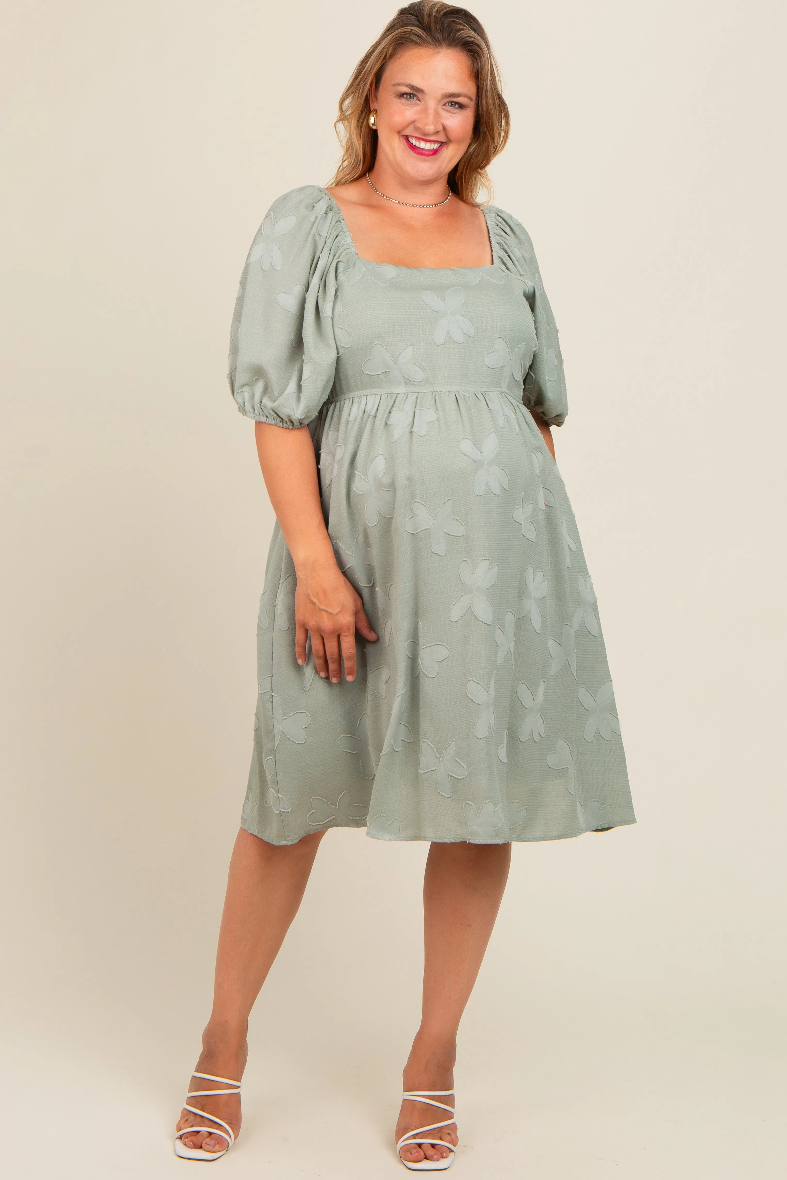 Sage Textured Floral Square Neck Puff Sleeve Maternity Plus Dress sold by Pinkblush