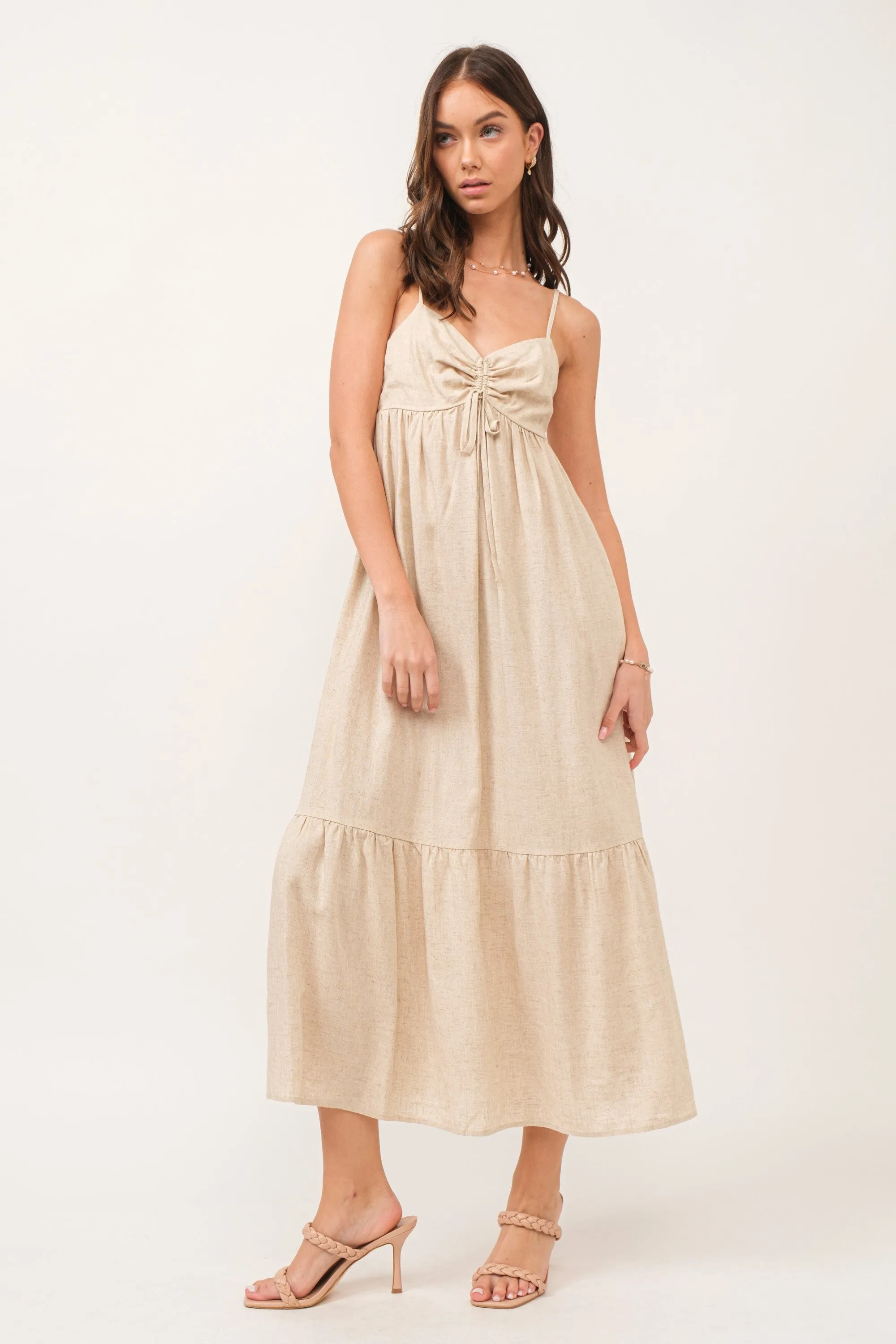 Beige Linen Front Cinch Midi Dress sold by Pinkblush product image thumbnail 2