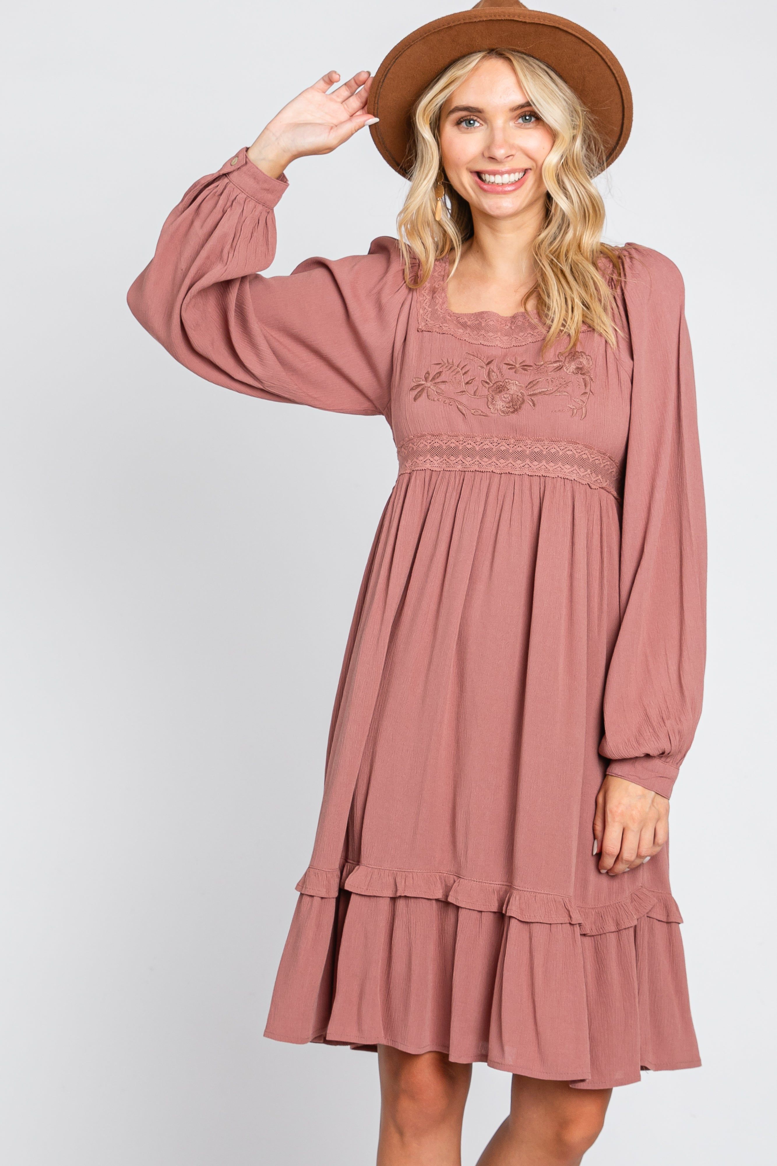 Dark Mauve Lace Embroidered Square Neck Dress sold by Pinkblush