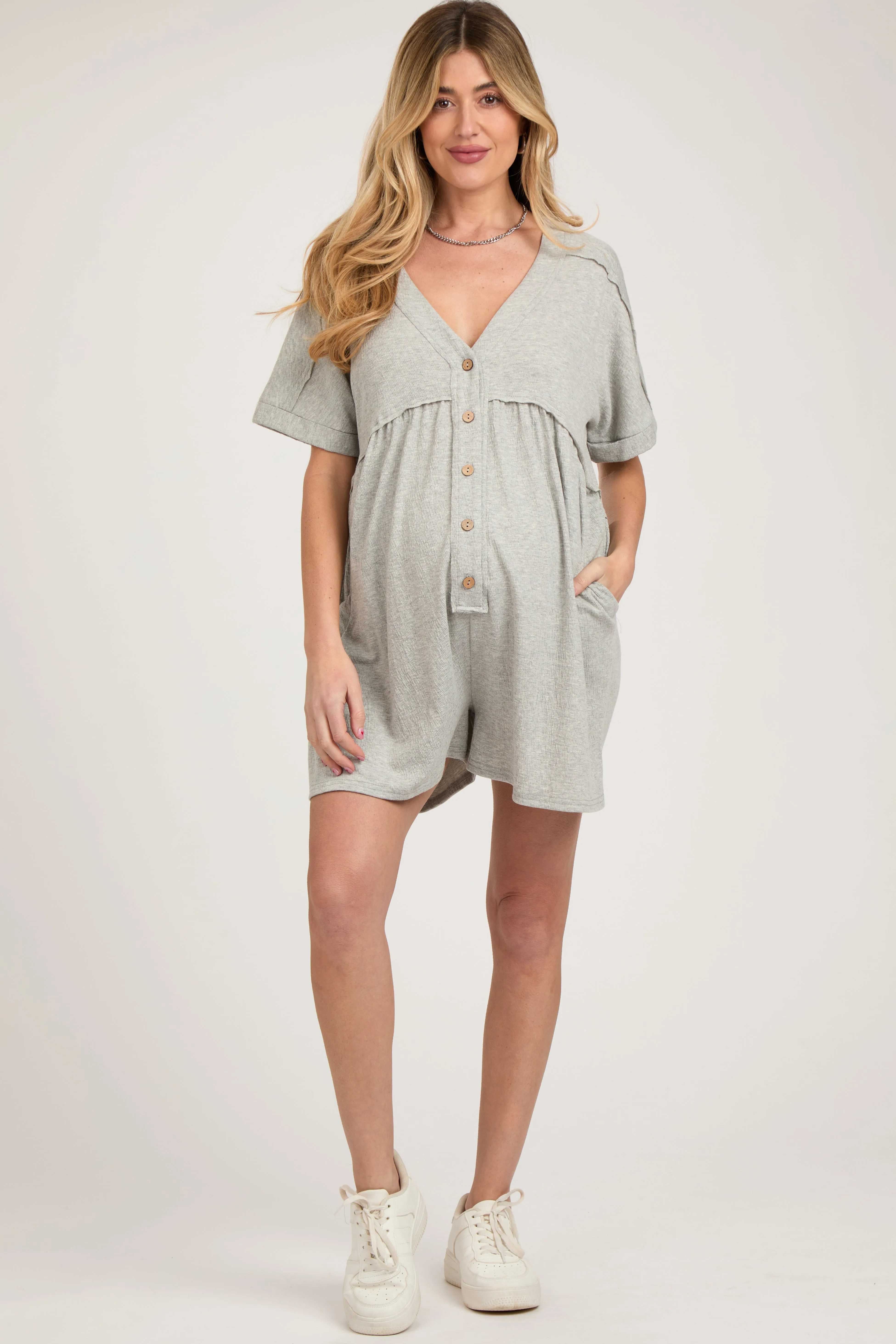 Heather Grey Button Down Maternity Romper sold by Pinkblush product image thumbnail 2