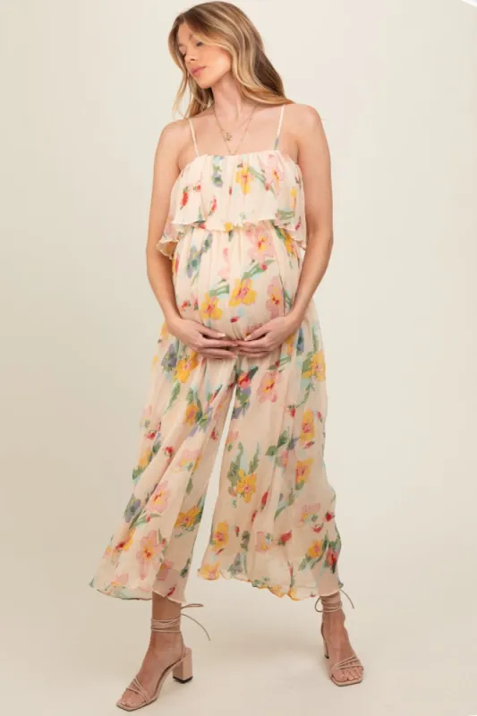 Peach Floral Ruffle Overlay Wide Leg Maternity Jumpsuit sold by Pinkblush