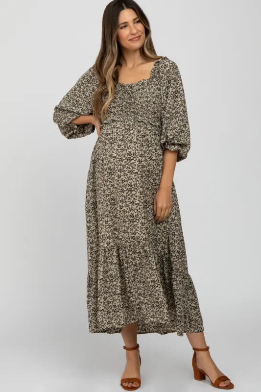 Cream Floral Ruffle Sweetheart Neck Maternity Midi Dress sold by Pinkblush