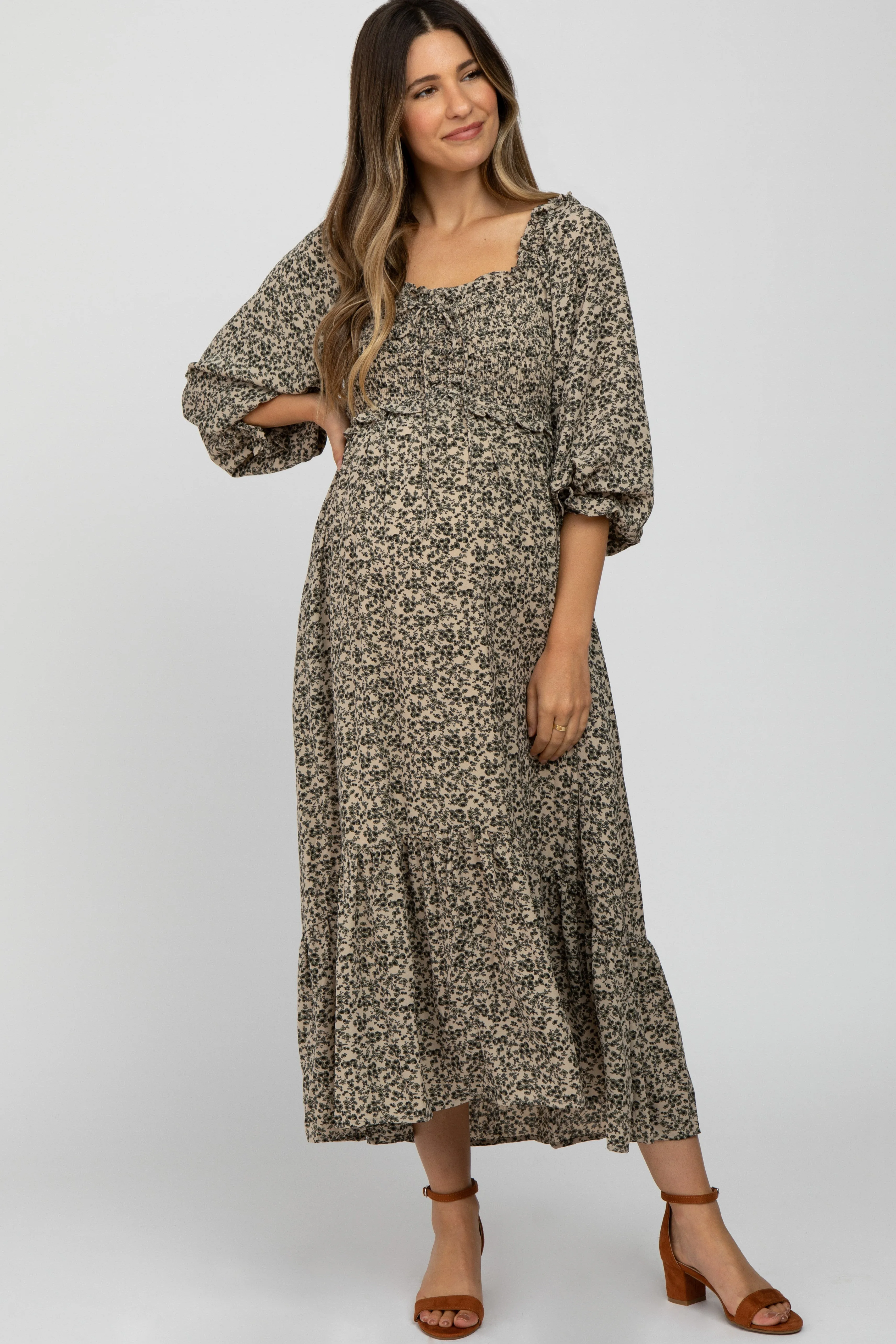 Cream Floral Ruffle Sweetheart Neck Maternity Midi Dress sold by Pinkblush