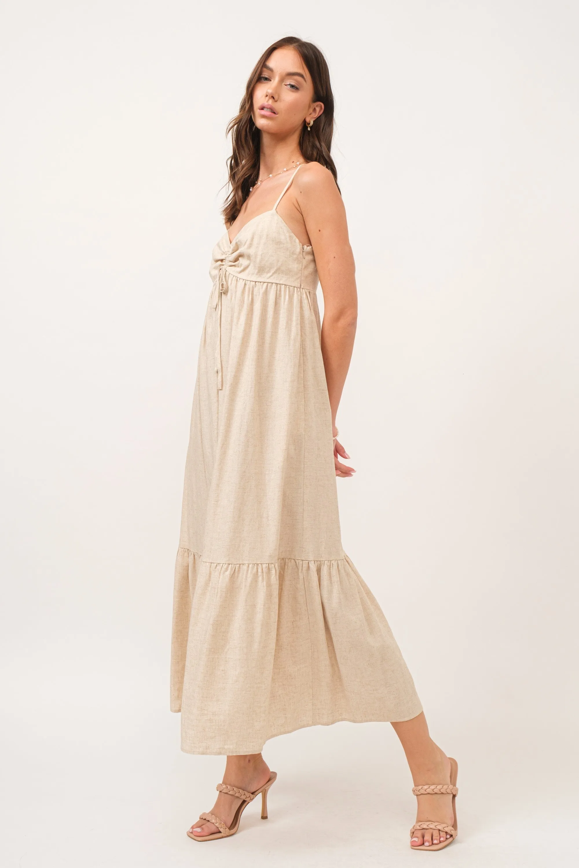 Beige Linen Front Cinch Midi Dress sold by Pinkblush product image thumbnail 3