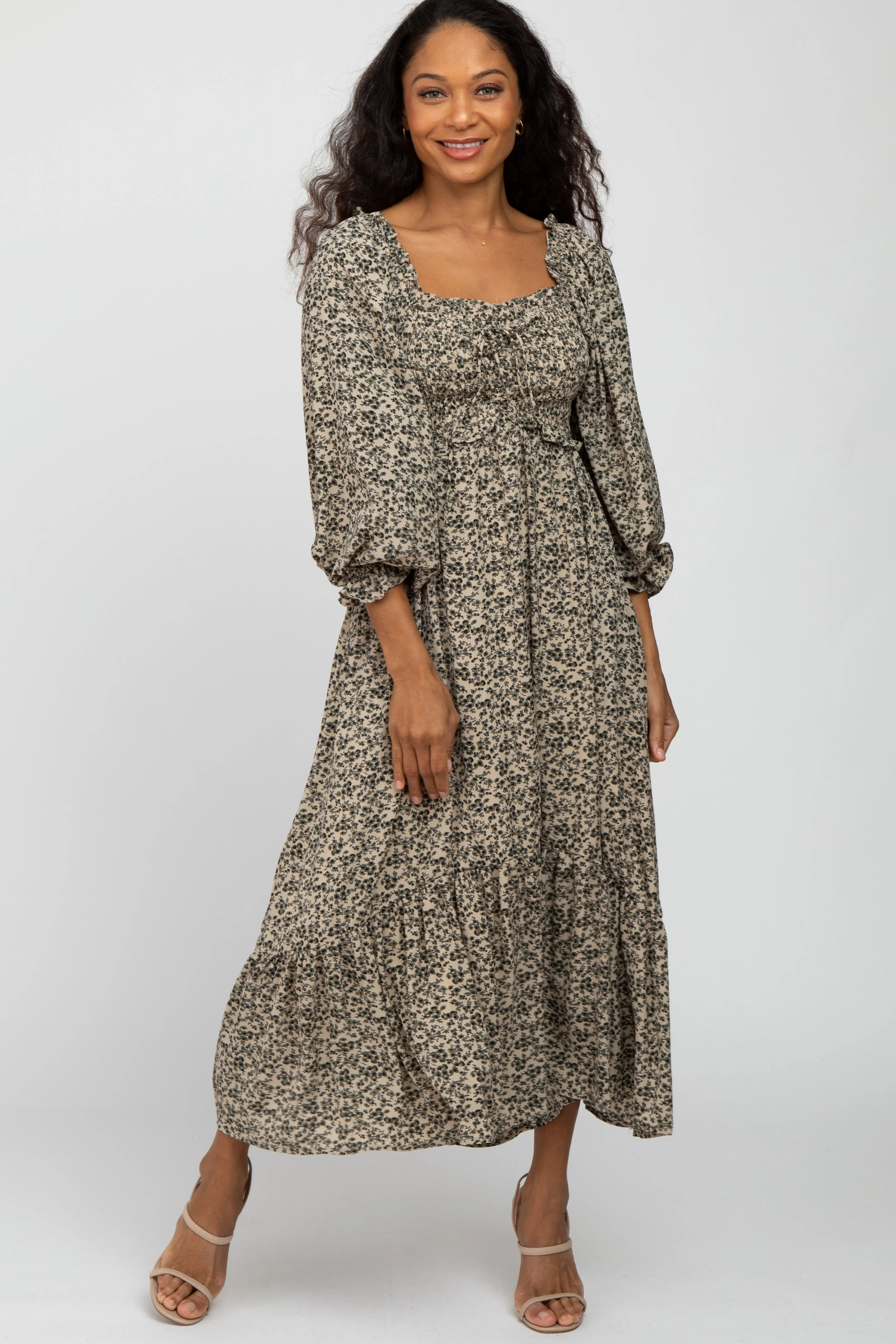 Cream Floral Ruffle Sweetheart Neck Maternity Midi Dress sold by Pinkblush product image thumbnail 5