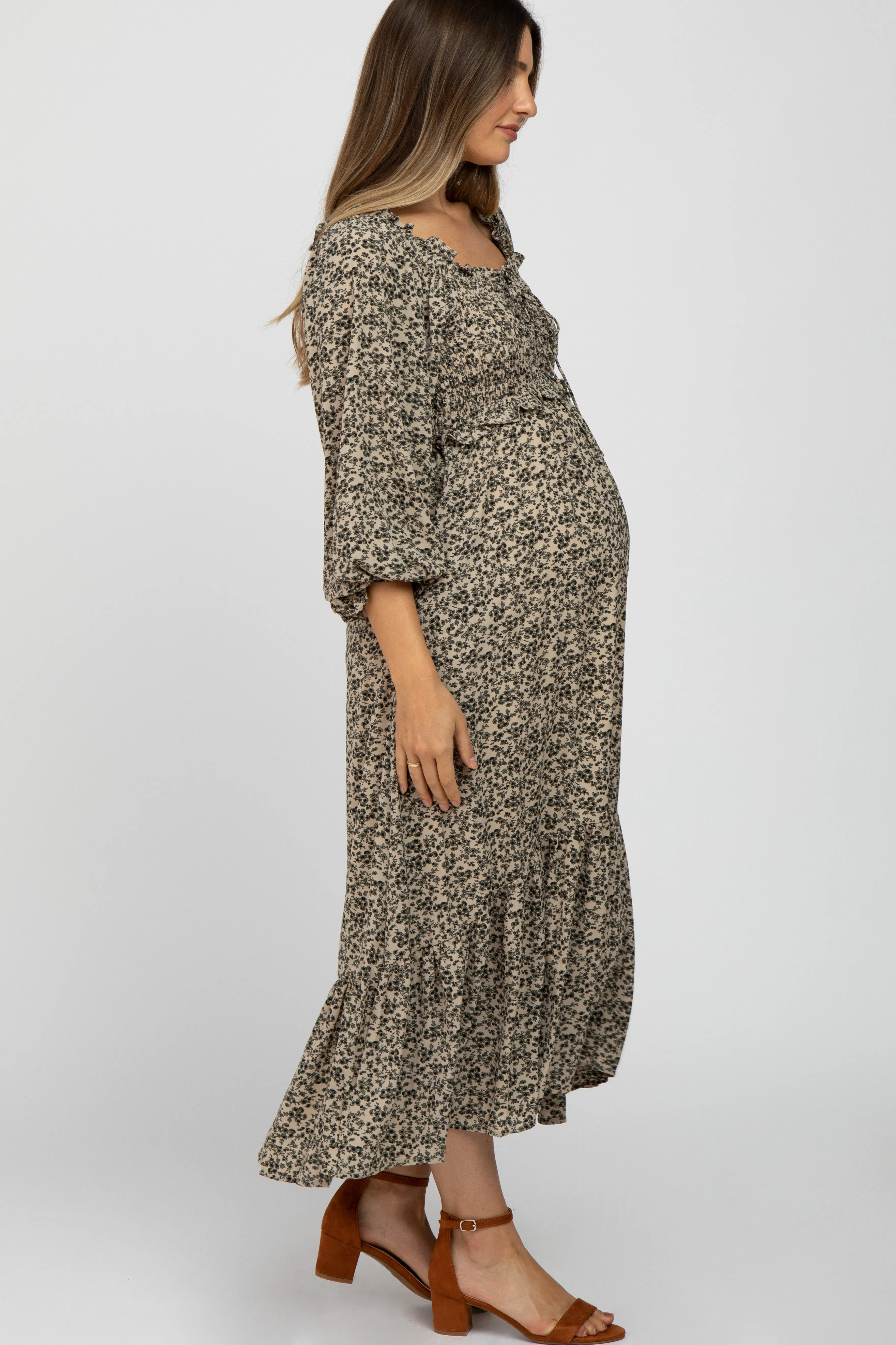 Cream Floral Ruffle Sweetheart Neck Maternity Midi Dress sold by Pinkblush product image thumbnail 2