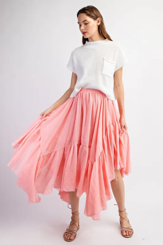 Coral Asymmetrical Raw Edge Ruched Uneven Hemline Skirt made by Pinkblush