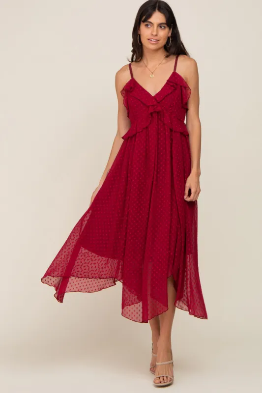 Burgundy Swiss Dot Handkerchief Midi Dress sold by Pinkblush