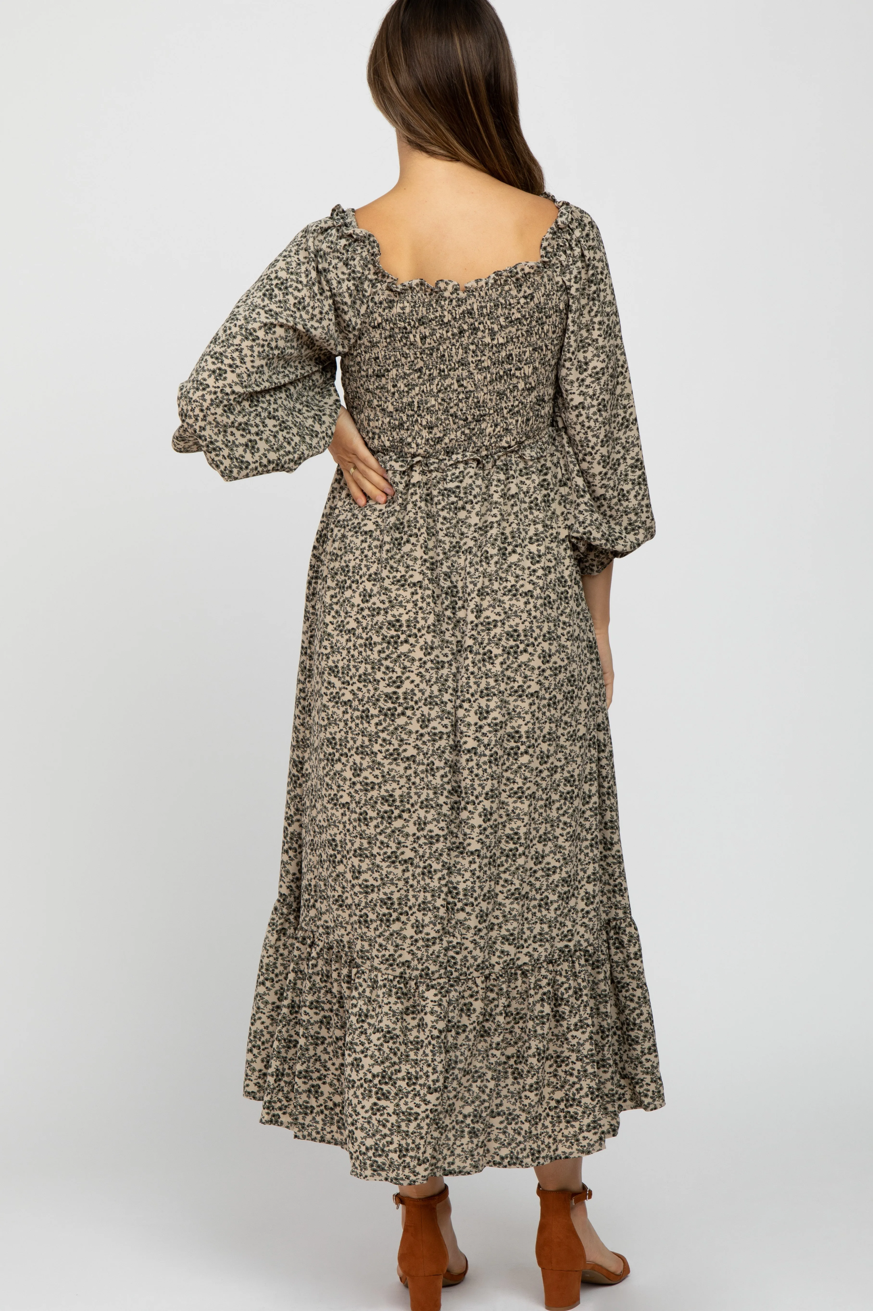 Cream Floral Ruffle Sweetheart Neck Maternity Midi Dress sold by Pinkblush product image thumbnail 3