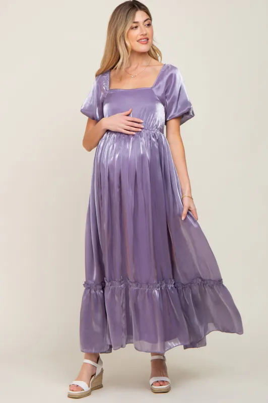 Lavender Satin Square Neck Short Puff Sleeve Maternity Maxi Dress sold by Pinkblush