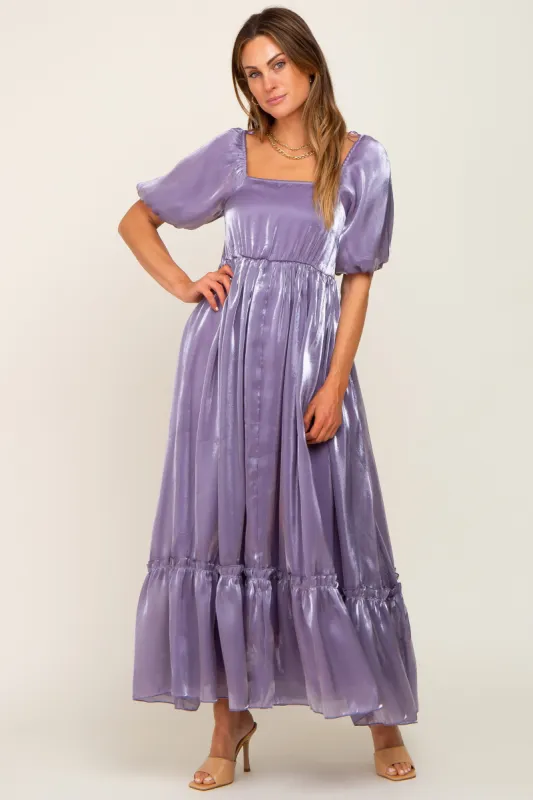 Lavender Satin Square Neck Short Puff Sleeve Maxi Dress sold by Pinkblush