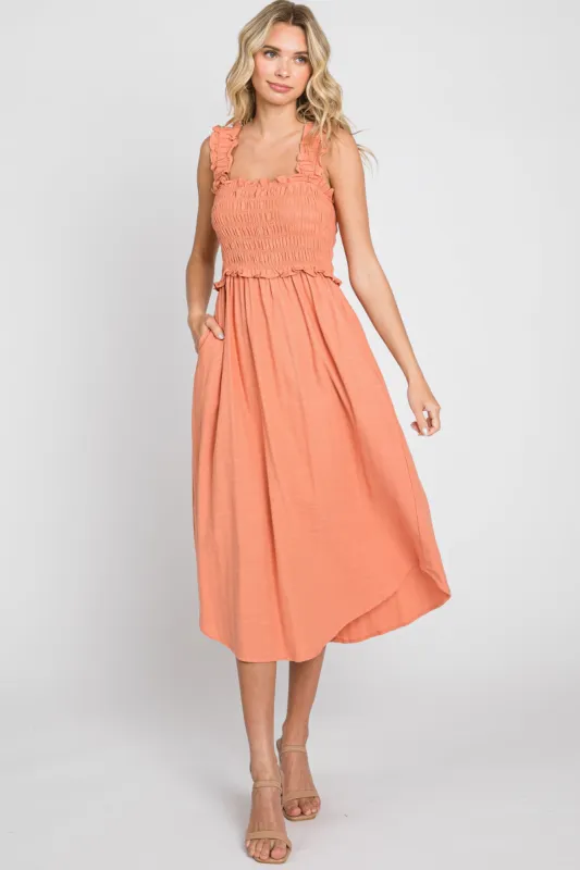Peach Square Neck Smocked Sleeveless Midi Dress sold by Pinkblush