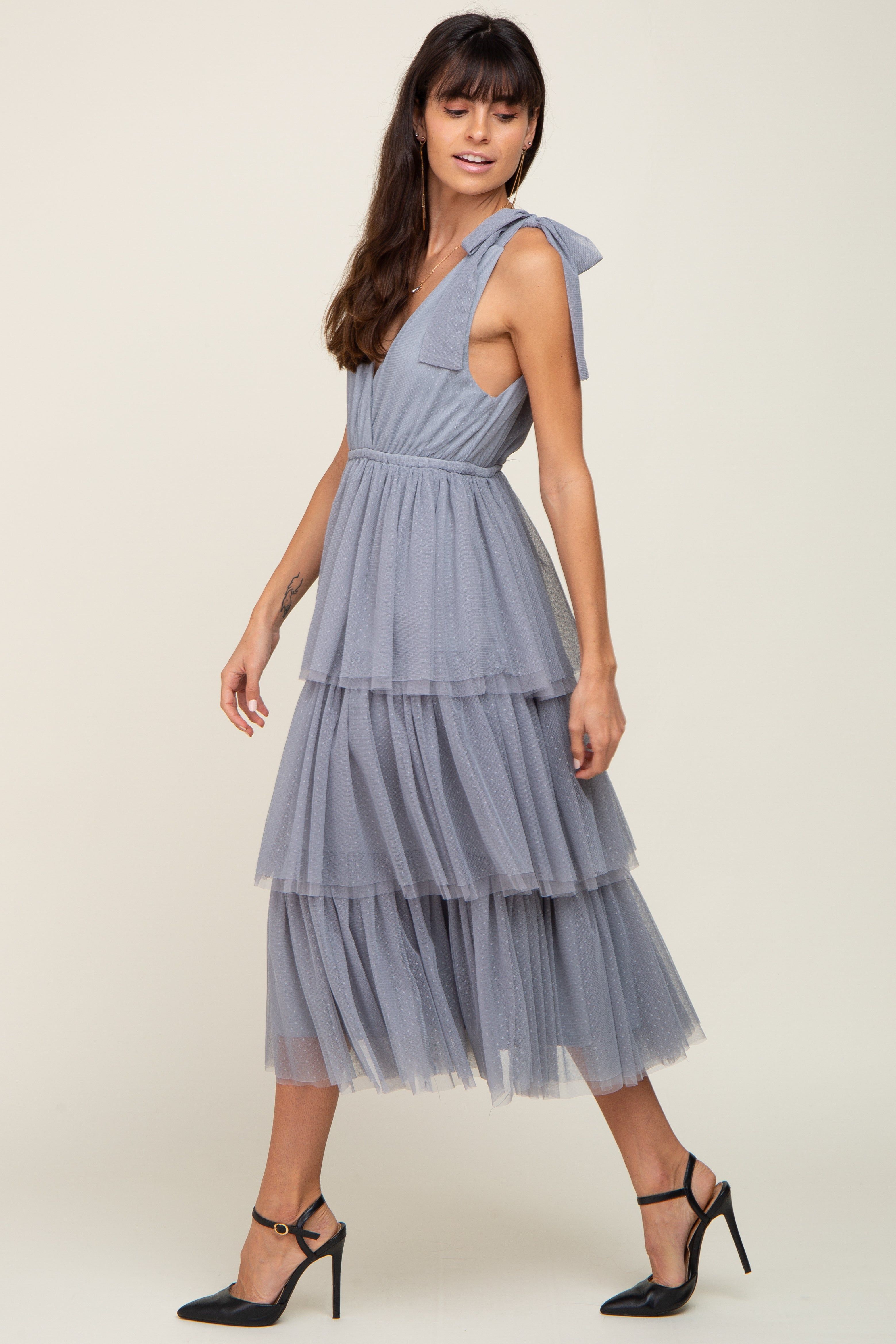 Light Blue Sleeveless Tiered Tie Strap Tulle Midi Dress sold by Pinkblush product image thumbnail 2