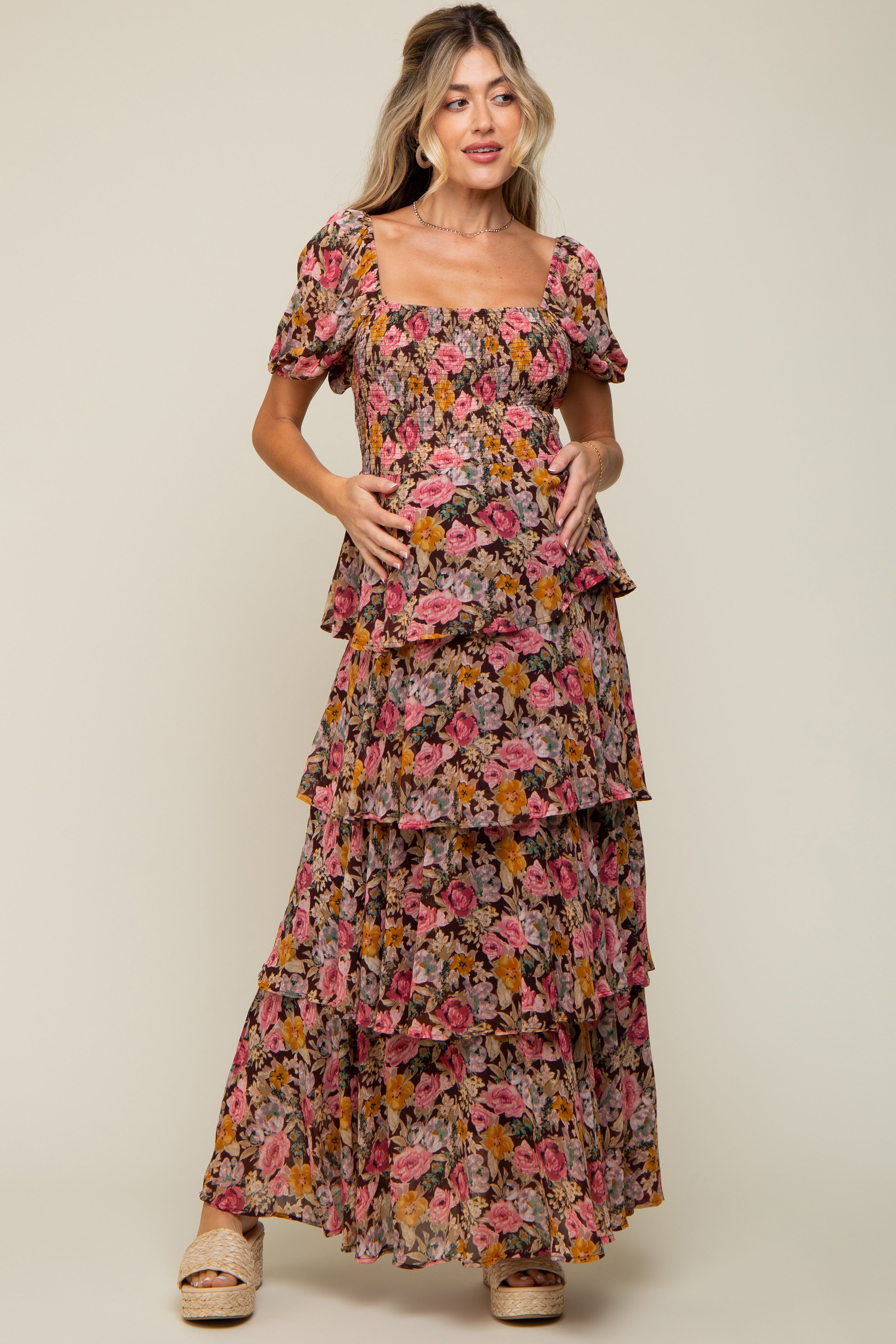 Brown Floral Smocked Square Neck Ruffle Layered Maternity Maxi Dress sold by Pinkblush product image thumbnail 5