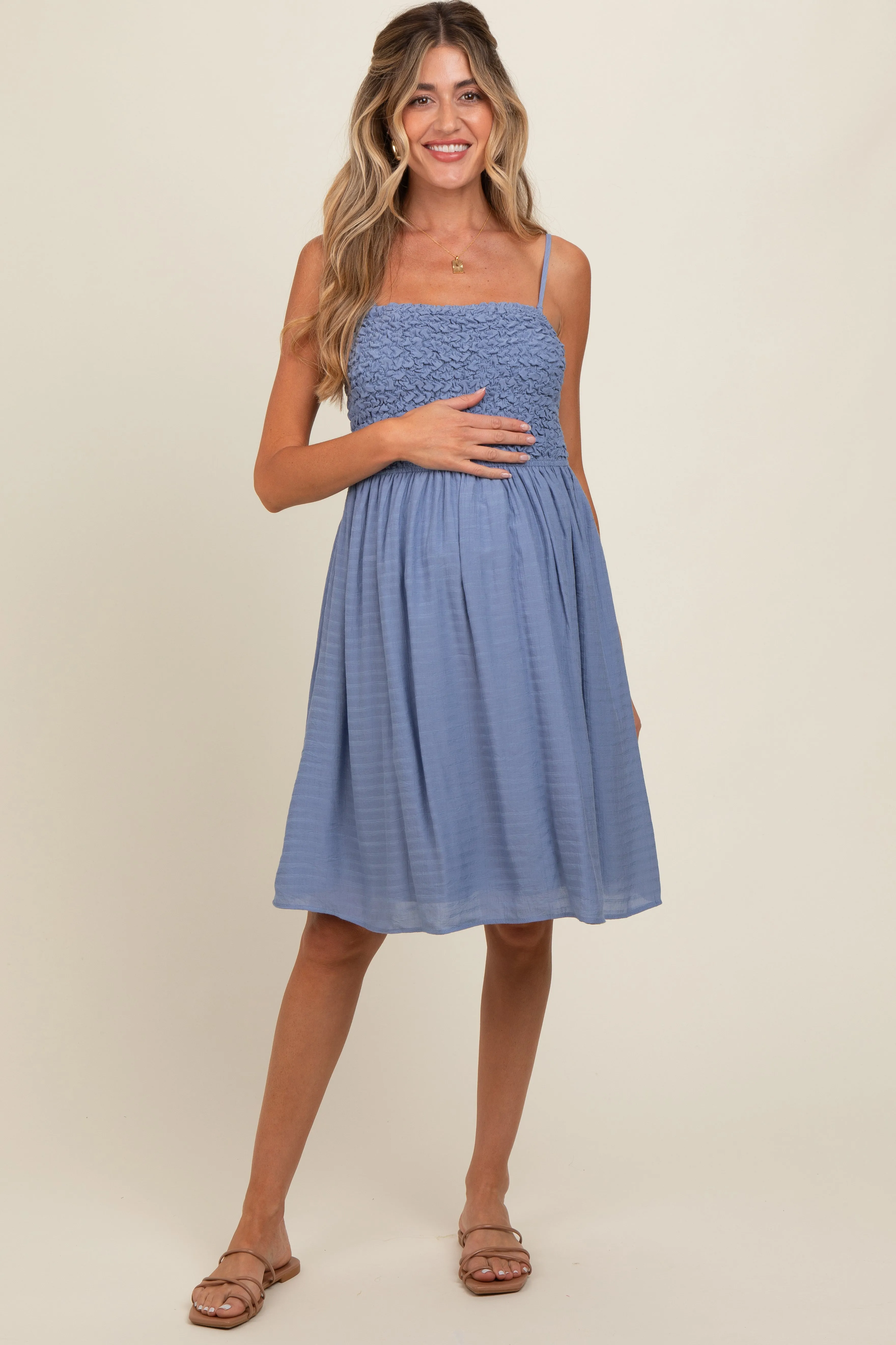 Periwinkle Textured Smocked Maternity Dress sold by Pinkblush