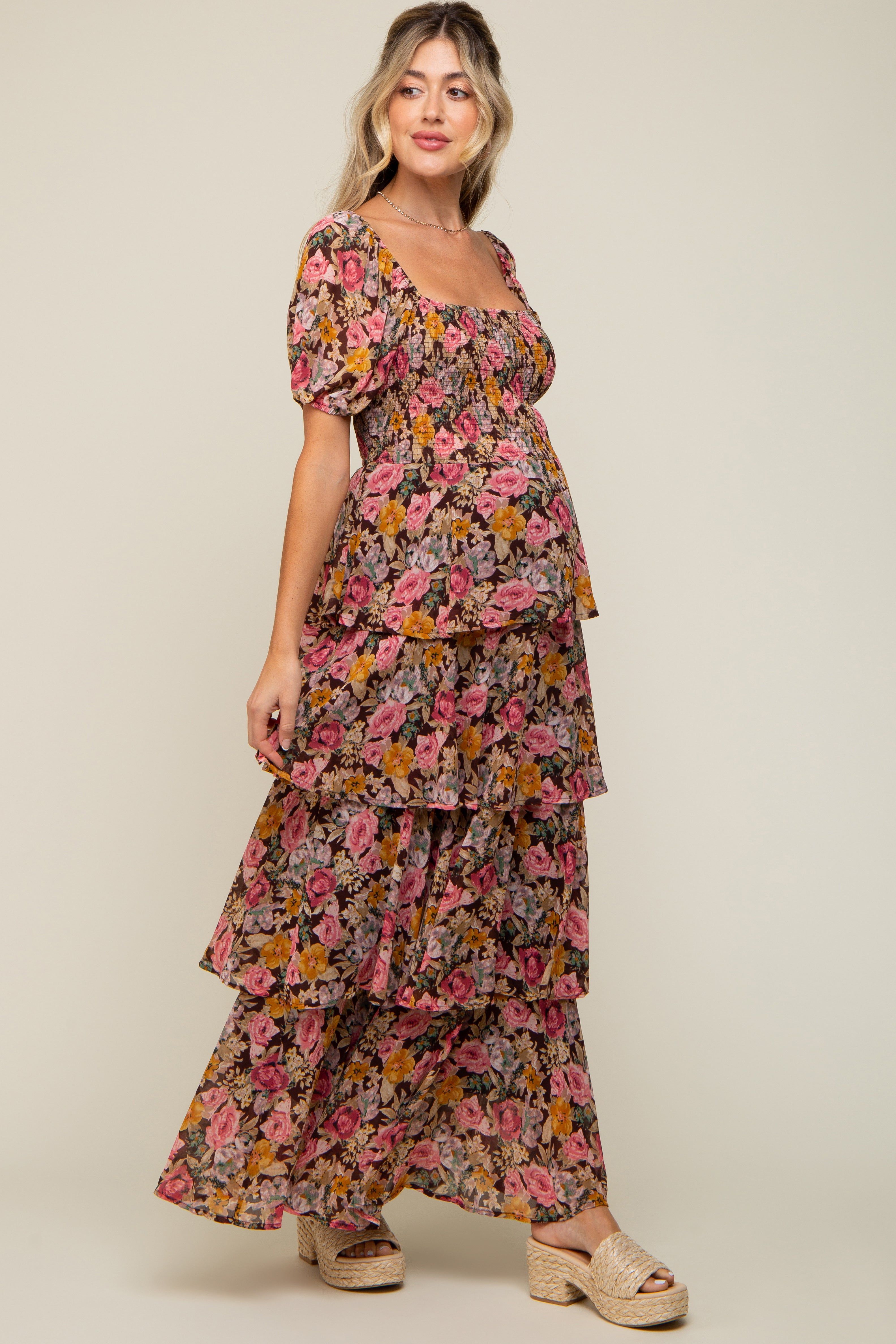 Brown Floral Smocked Square Neck Ruffle Layered Maternity Maxi Dress sold by Pinkblush product image thumbnail 2