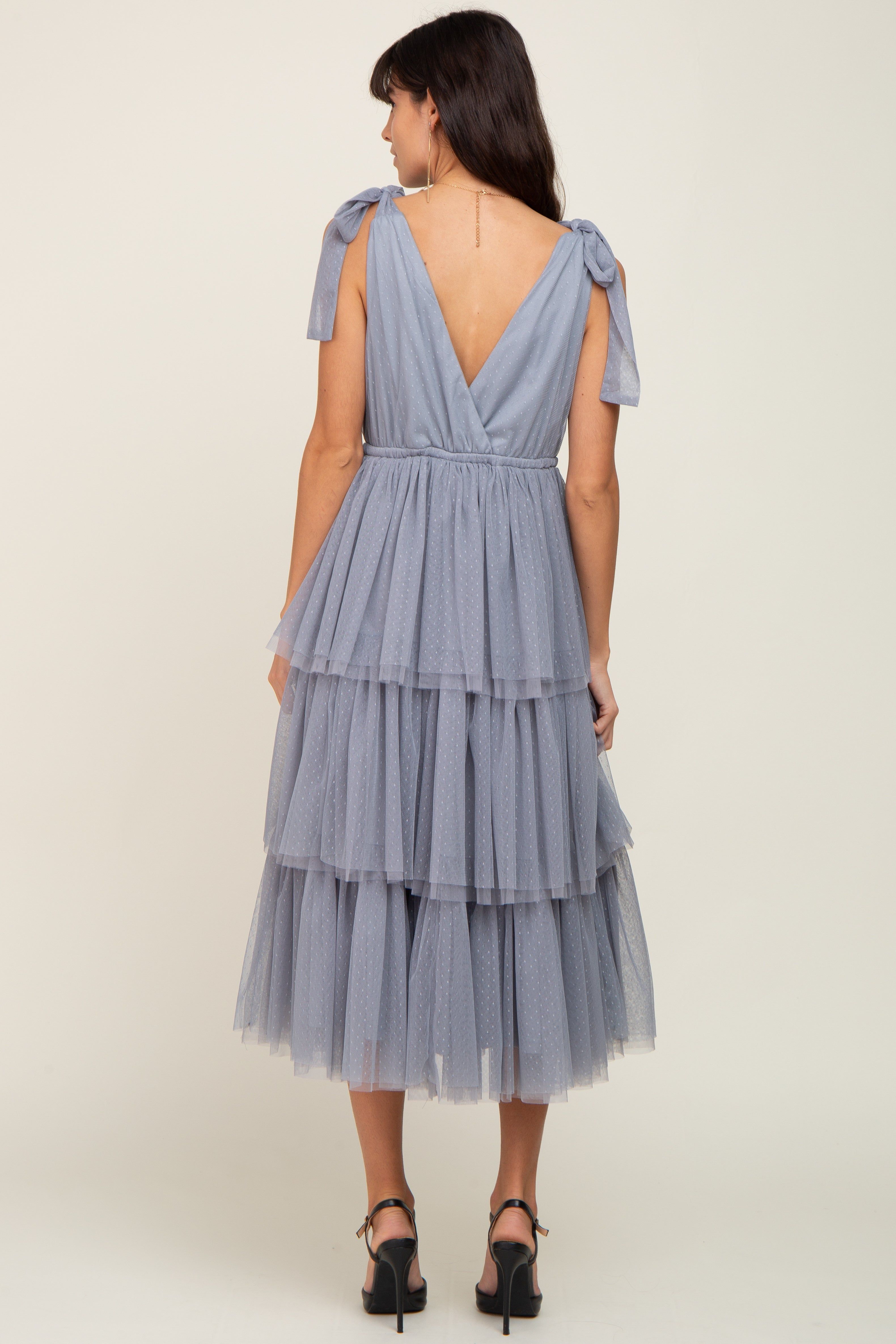 Light Blue Sleeveless Tiered Tie Strap Tulle Midi Dress sold by Pinkblush product image thumbnail 3