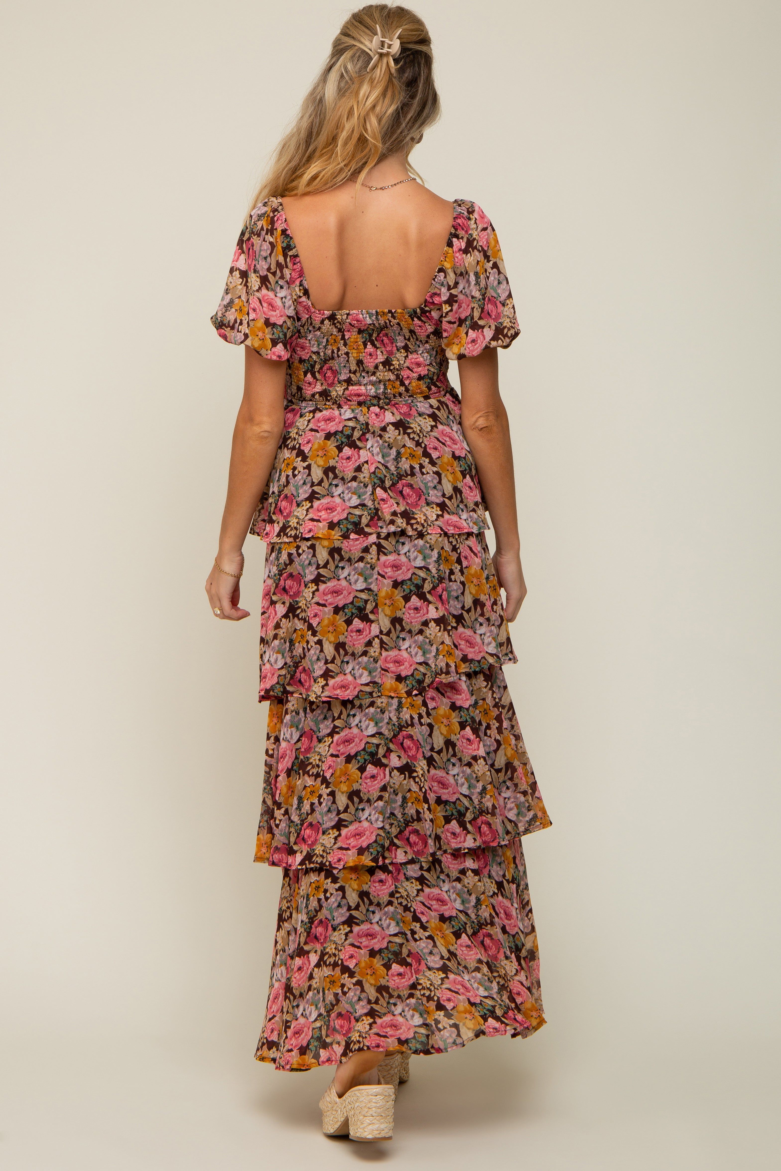 Brown Floral Smocked Square Neck Ruffle Layered Maternity Maxi Dress sold by Pinkblush product image thumbnail 3
