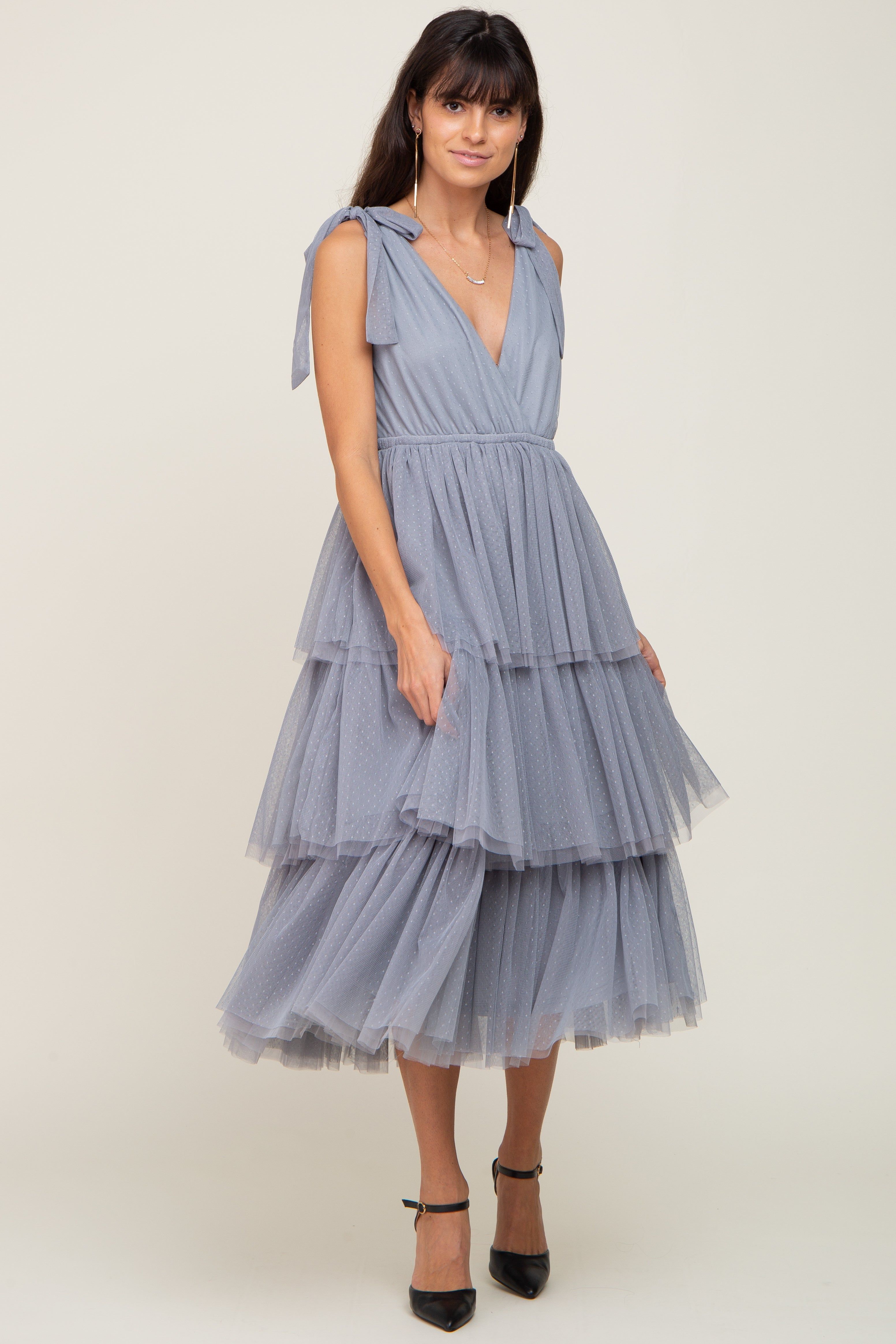 Light Blue Sleeveless Tiered Tie Strap Tulle Midi Dress sold by Pinkblush product image thumbnail 4