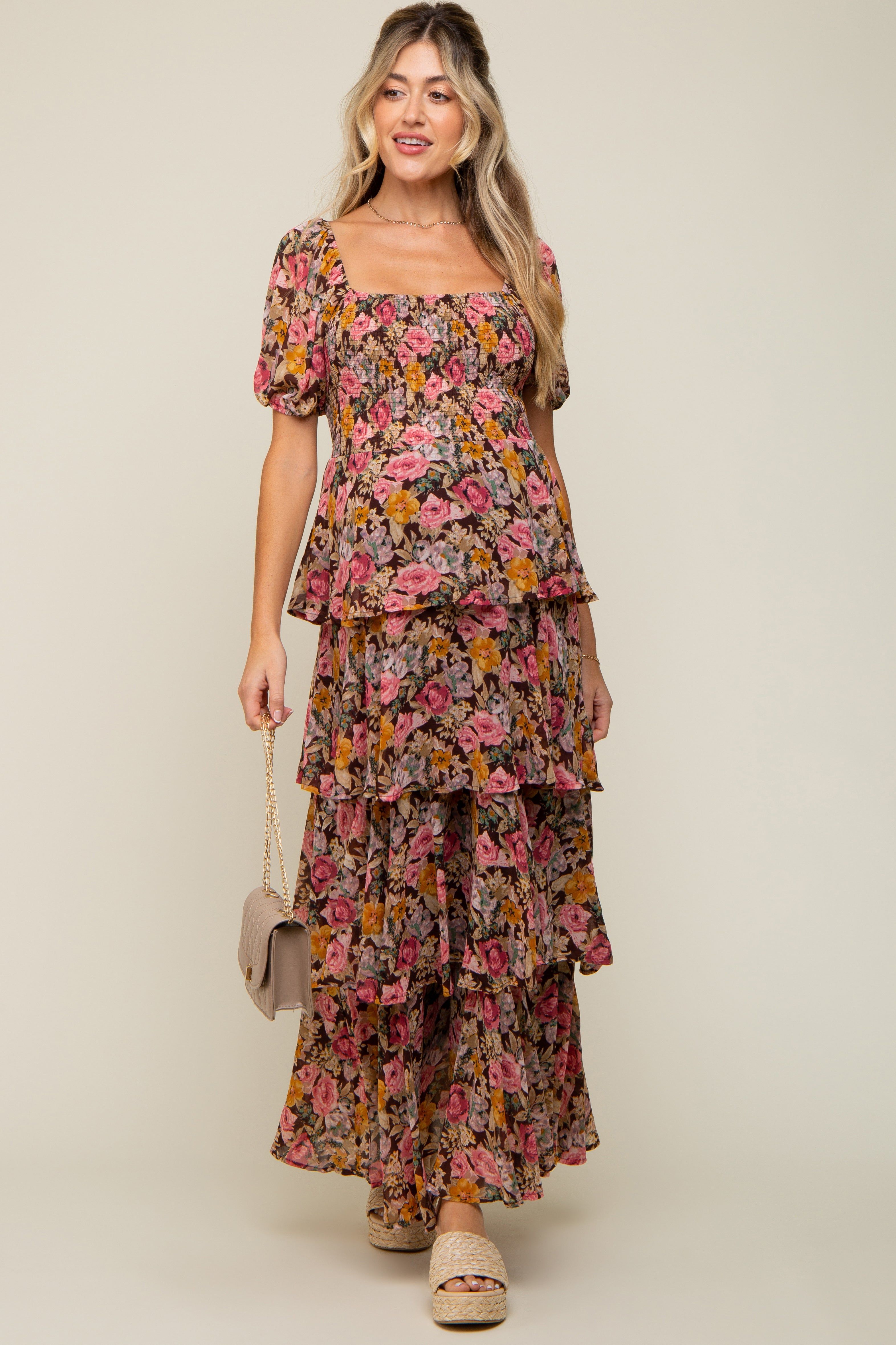 Brown Floral Smocked Square Neck Ruffle Layered Maternity Maxi Dress sold by Pinkblush product image thumbnail 4