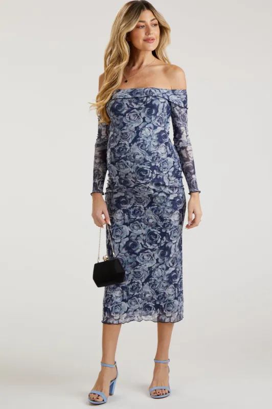 Navy Floral Off Shoulder Mesh Knit Maternity Midi Dress sold by Pinkblush