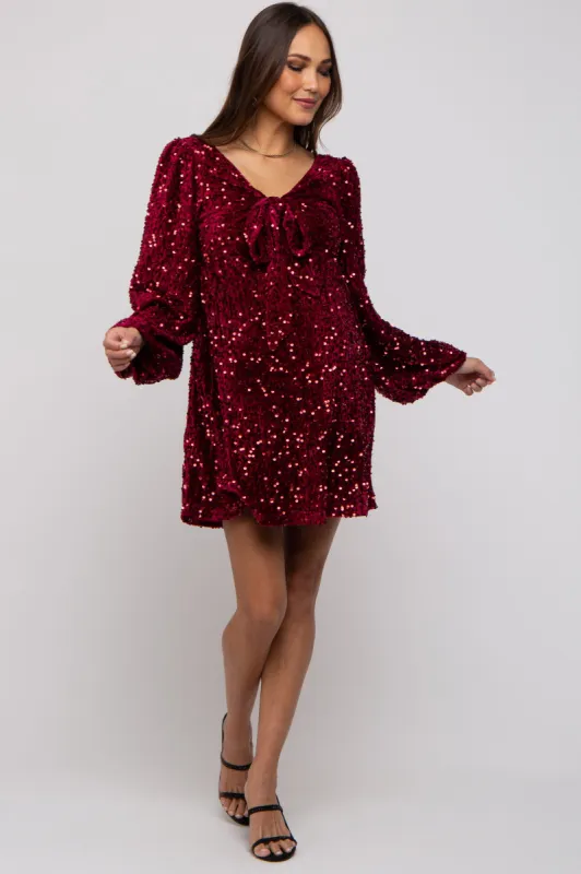 Burgundy Sequin Velour Front Tie Maternity Mini Dress sold by Pinkblush