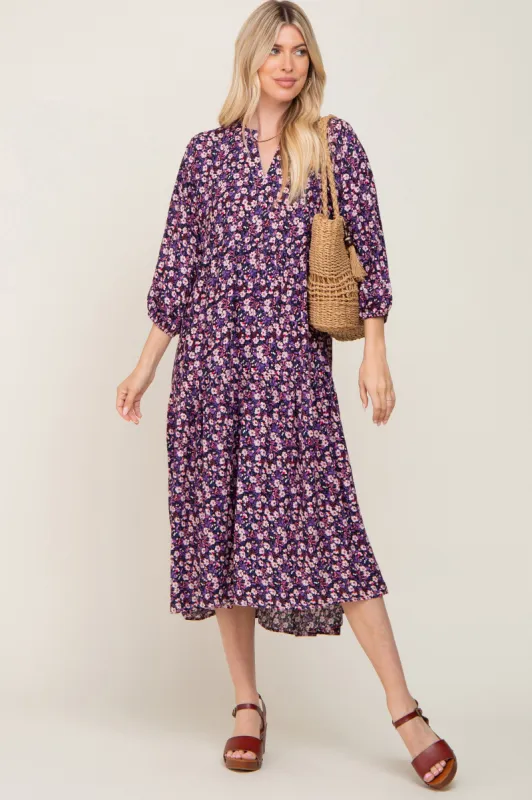 Black Floral V-Neck Tiered Midi Dress sold by Pinkblush