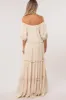 Cream Off Shoulder Ruffle Tiered Maternity Maxi Dress sold by Pinkblush