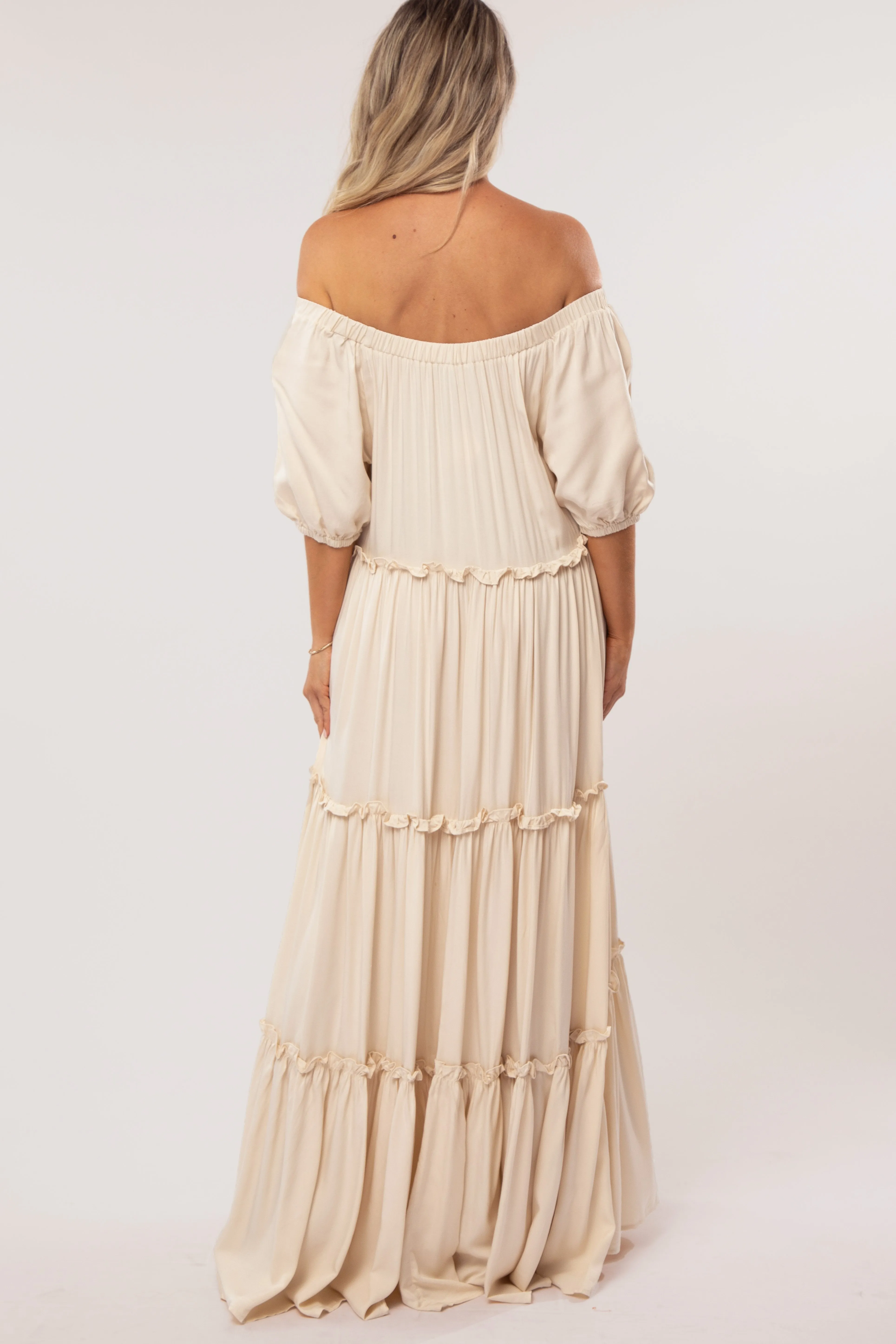 Cream Off Shoulder Ruffle Tiered Maternity Maxi Dress sold by Pinkblush product image thumbnail 3