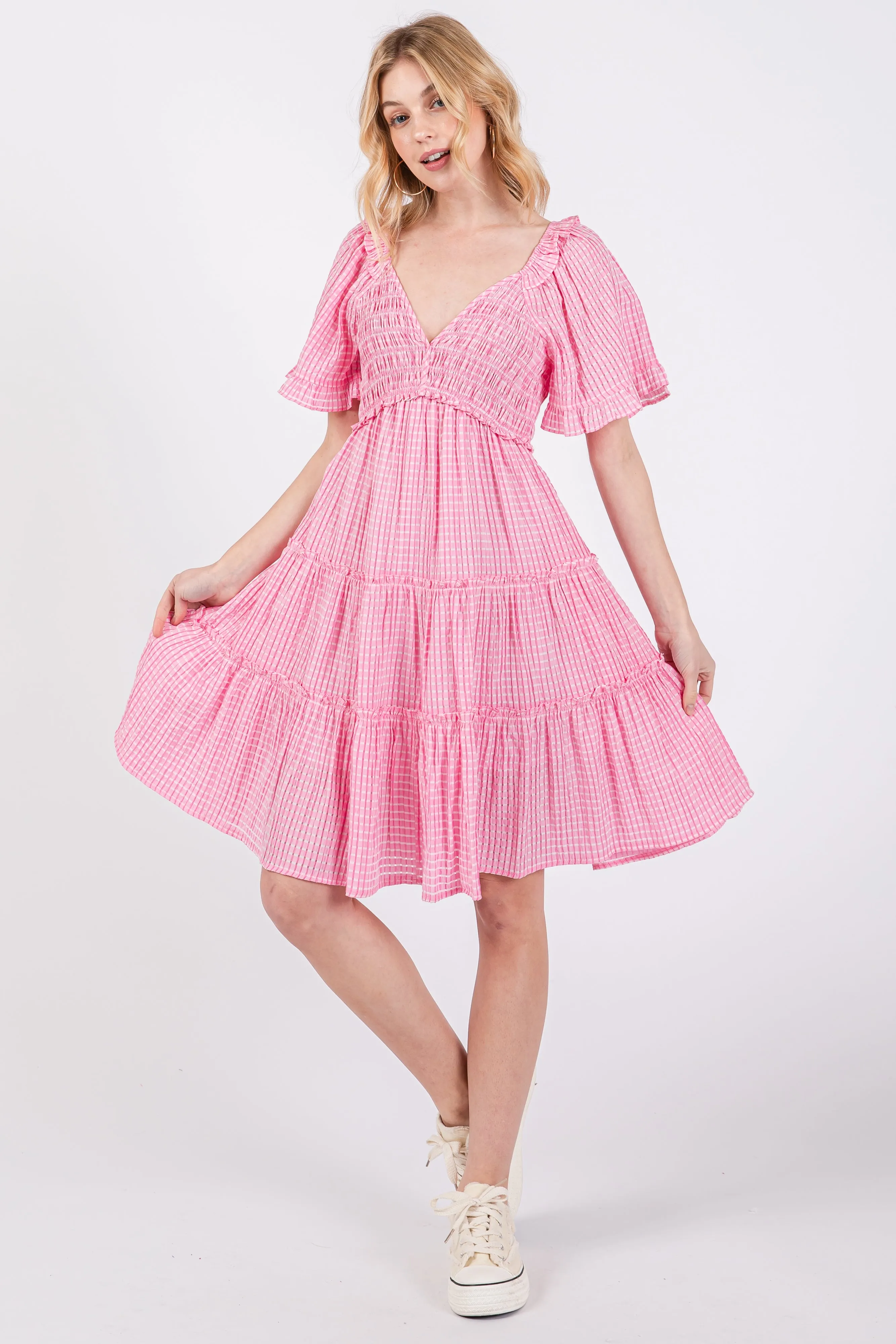 Pink Smocked V-Neck Ruffle Short Sleeve Tiered Maternity Dress sold by Pinkblush product image thumbnail 5