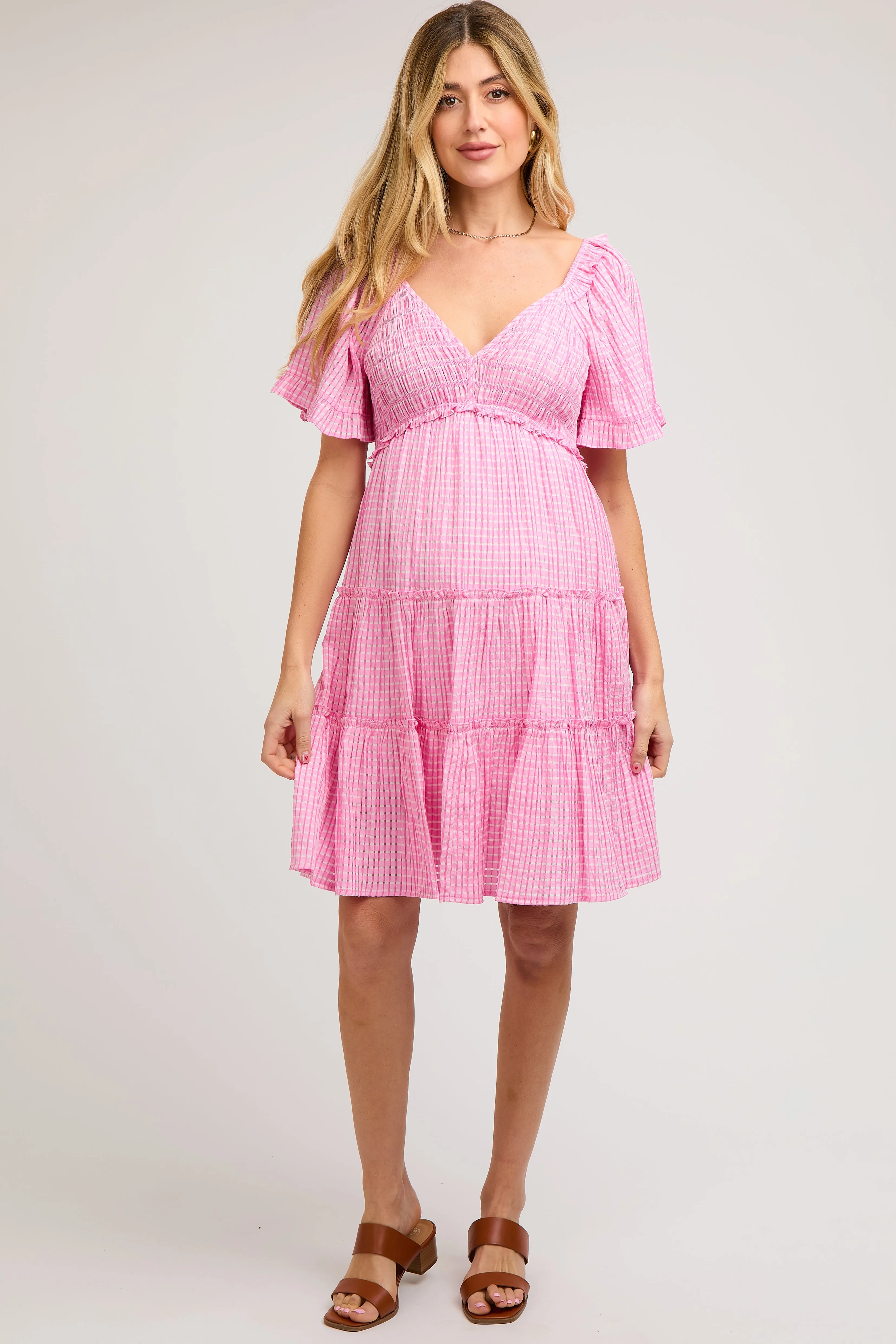 Pink Smocked V-Neck Ruffle Short Sleeve Tiered Maternity Dress sold by Pinkblush product image thumbnail 2
