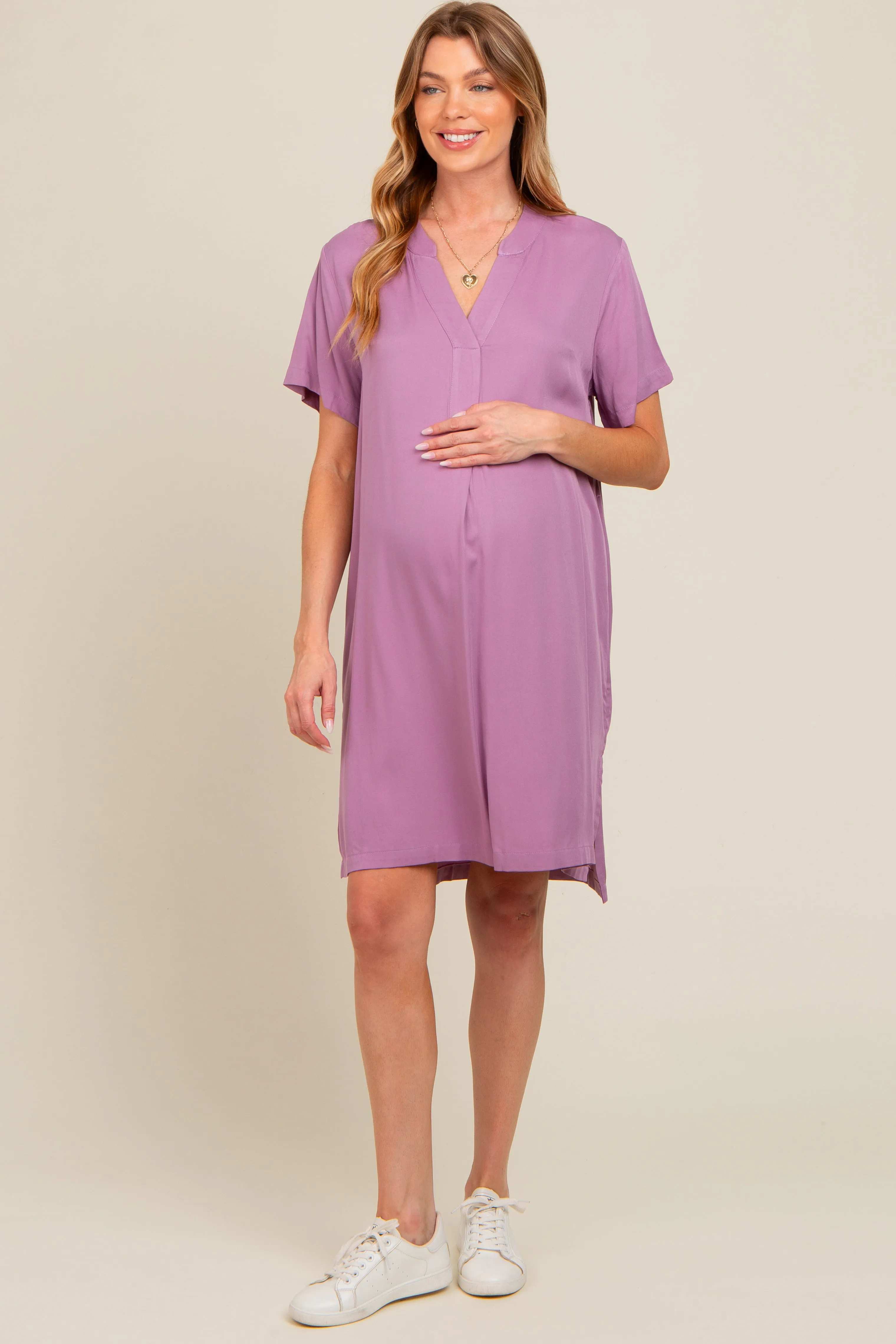 Lavender V-Neck Basic Maternity Shirt Dress sold by Pinkblush