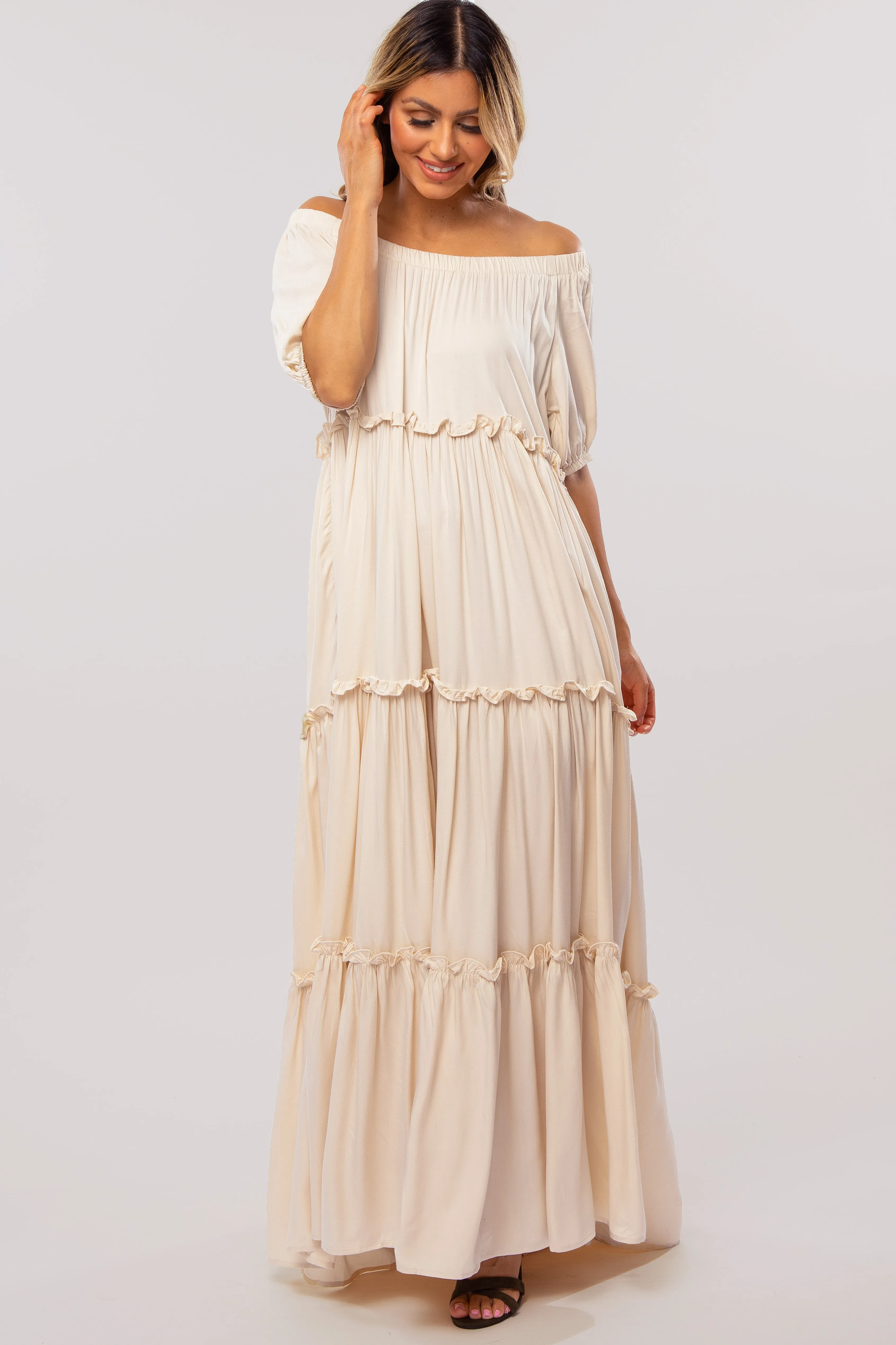 Cream Off Shoulder Ruffle Tiered Maternity Maxi Dress sold by Pinkblush product image thumbnail 4