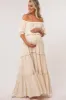 Cream Off Shoulder Ruffle Tiered Maternity Maxi Dress sold by Pinkblush
