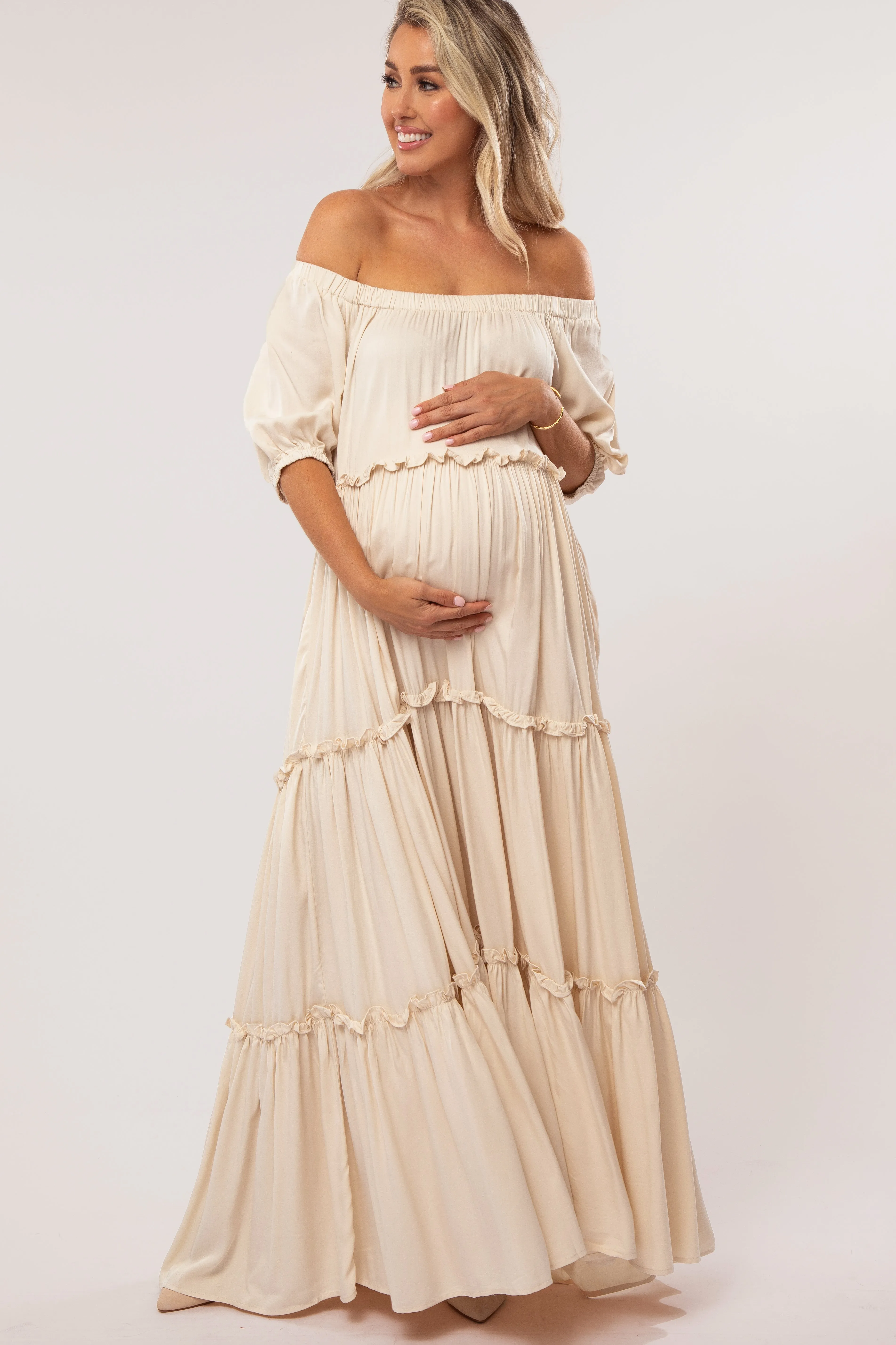 Cream Off Shoulder Ruffle Tiered Maternity Maxi Dress sold by Pinkblush