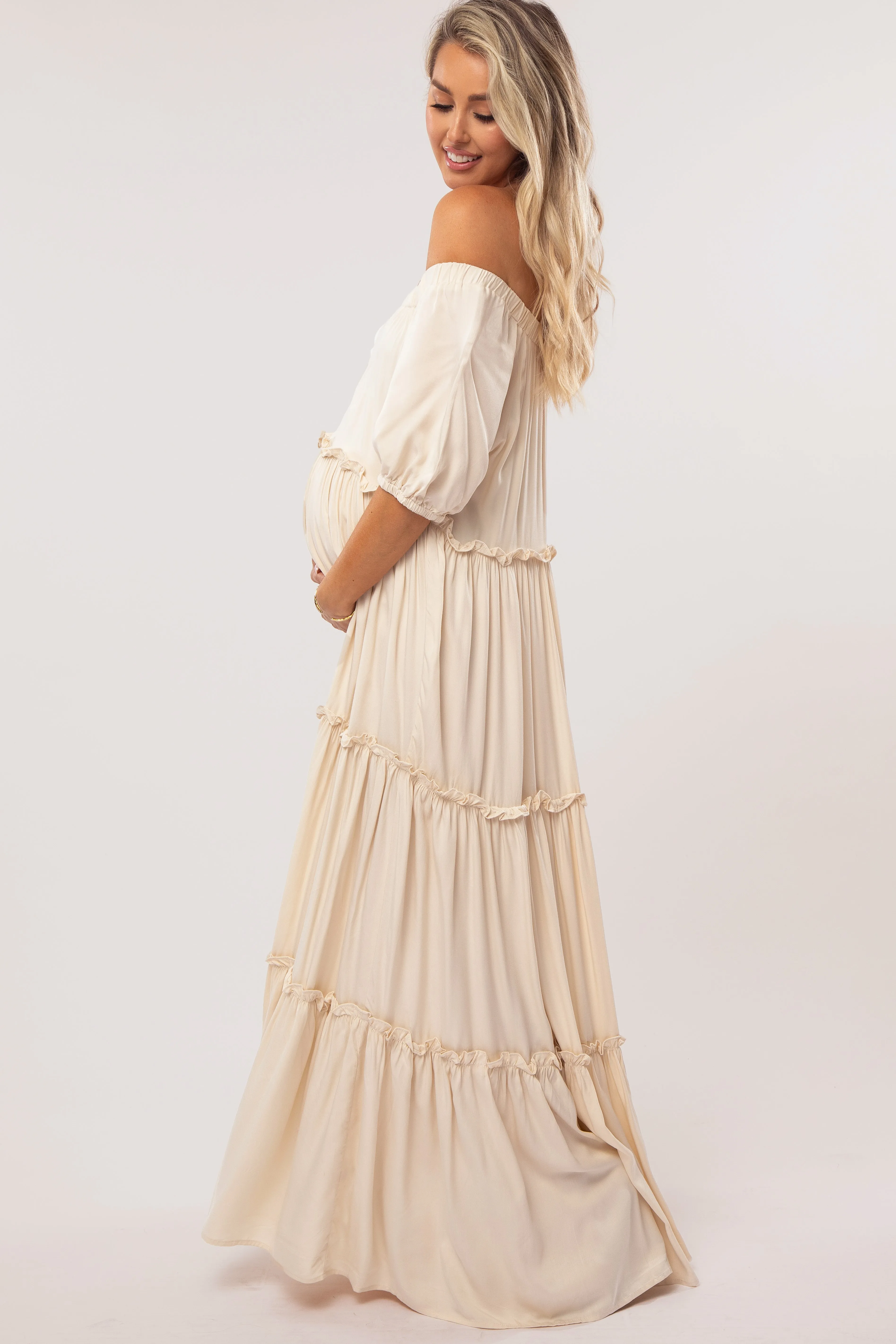 Cream Off Shoulder Ruffle Tiered Maternity Maxi Dress sold by Pinkblush product image thumbnail 2