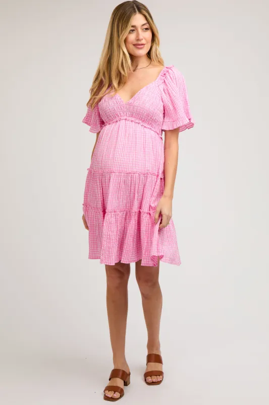 Pink Smocked V-Neck Ruffle Short Sleeve Tiered Maternity Dress sold by Pinkblush