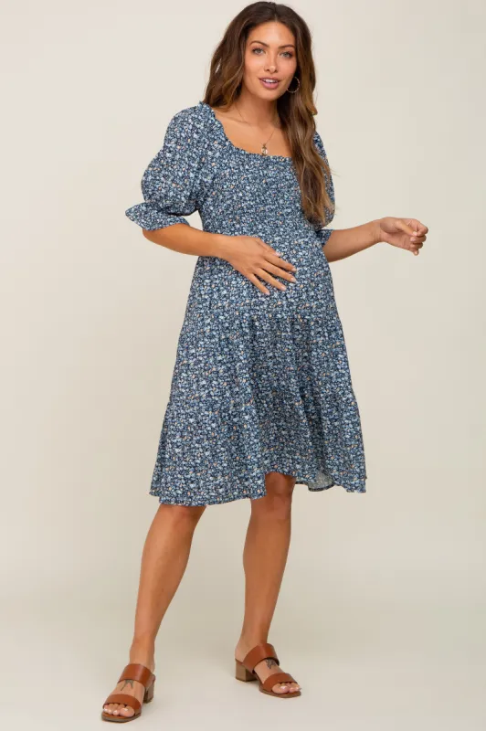 Black Floral Smocked Tiered Maternity Dress sold by Pinkblush