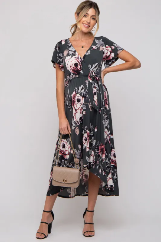 Forest Green Floral High-Low Maternity Wrap Dress sold by Pinkblush