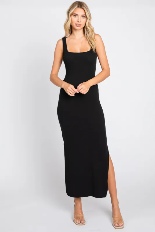 Black Ribbed Cutout Knot Back Side Slit Midi Dress sold by Pinkblush