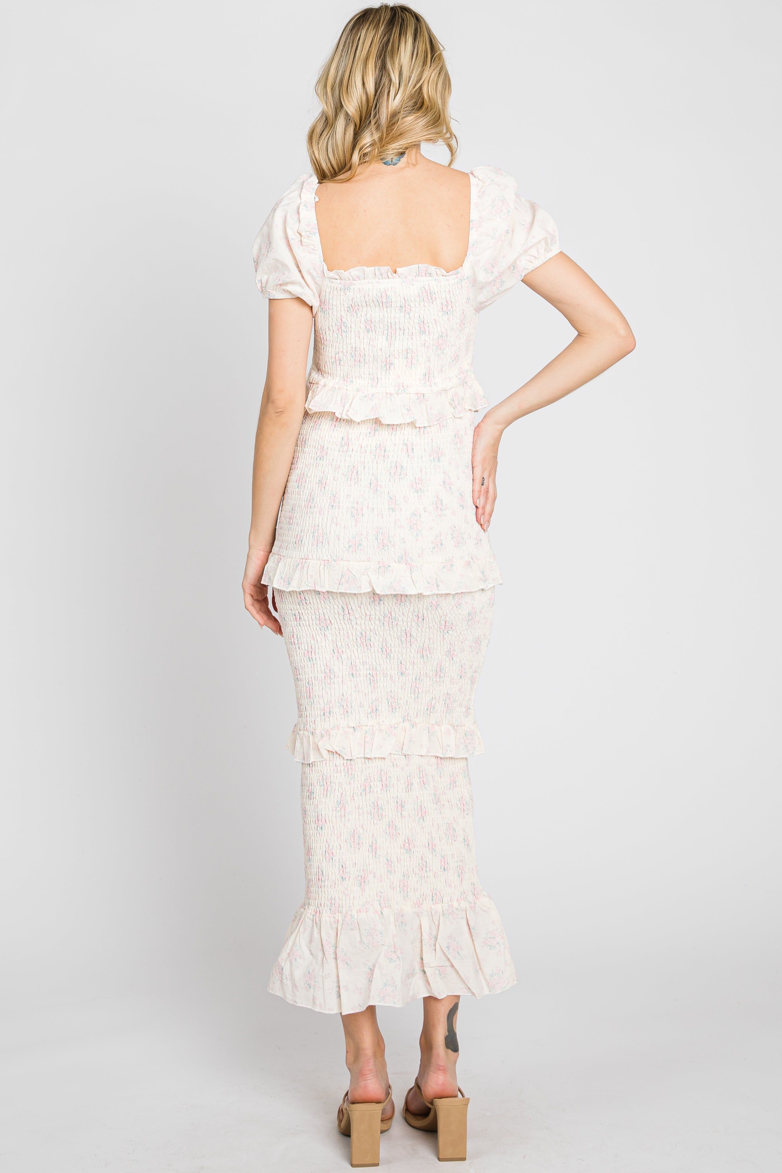 Light Pink Floral Square Neck Smocked Maxi Dress sold by Pinkblush product image thumbnail 5