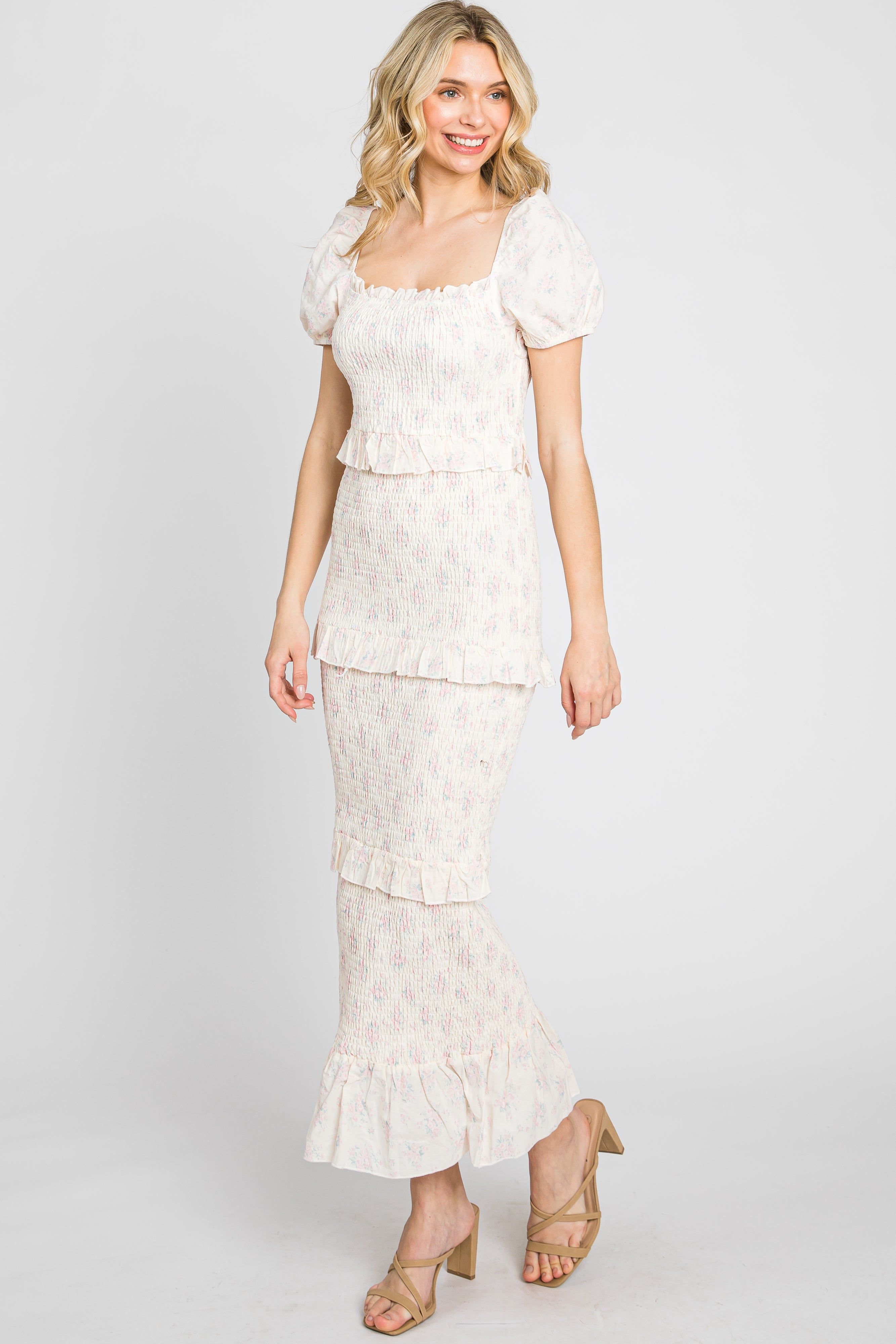 Light Pink Floral Square Neck Smocked Maxi Dress sold by Pinkblush product image thumbnail 3