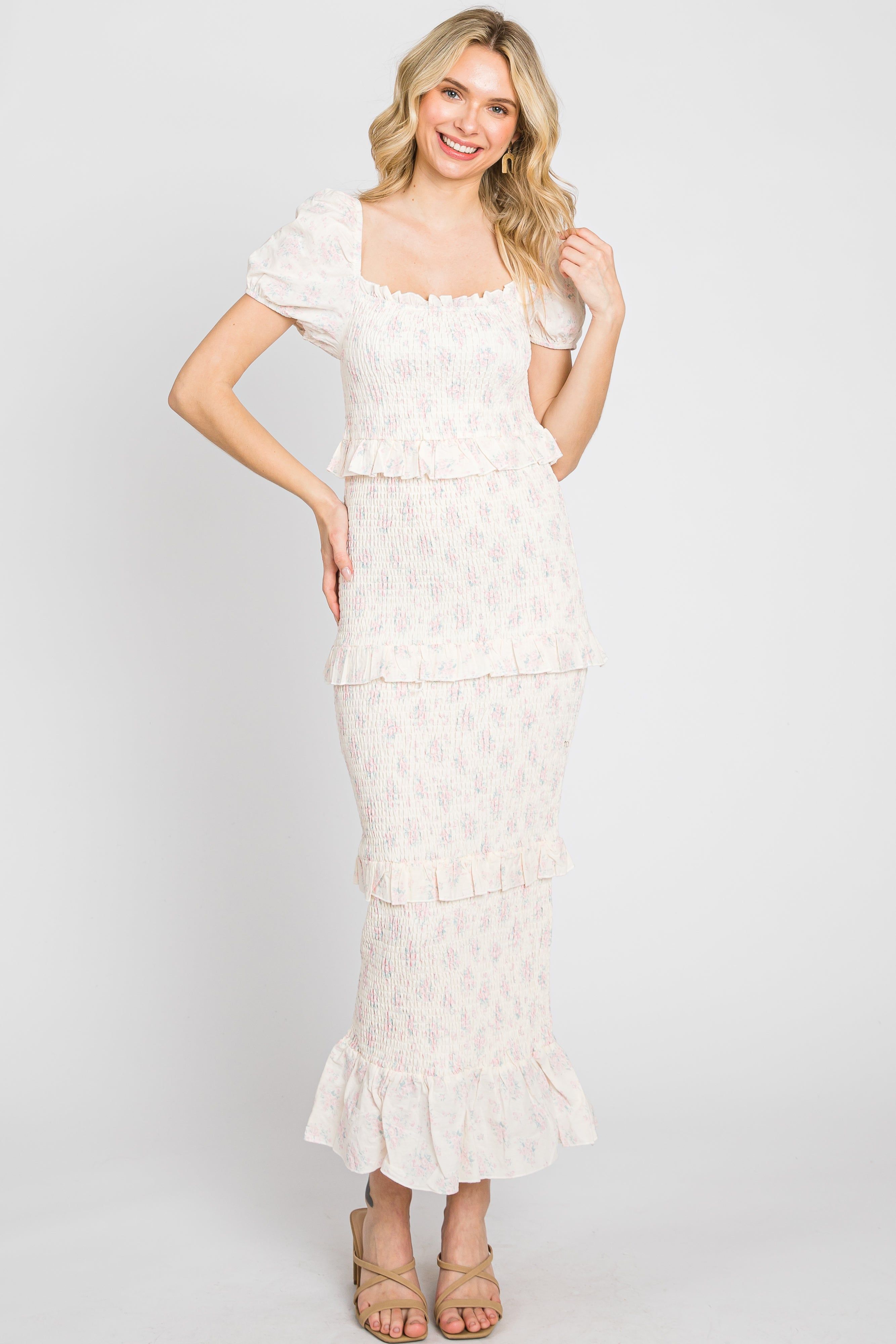 Light Pink Floral Square Neck Smocked Maxi Dress sold by Pinkblush