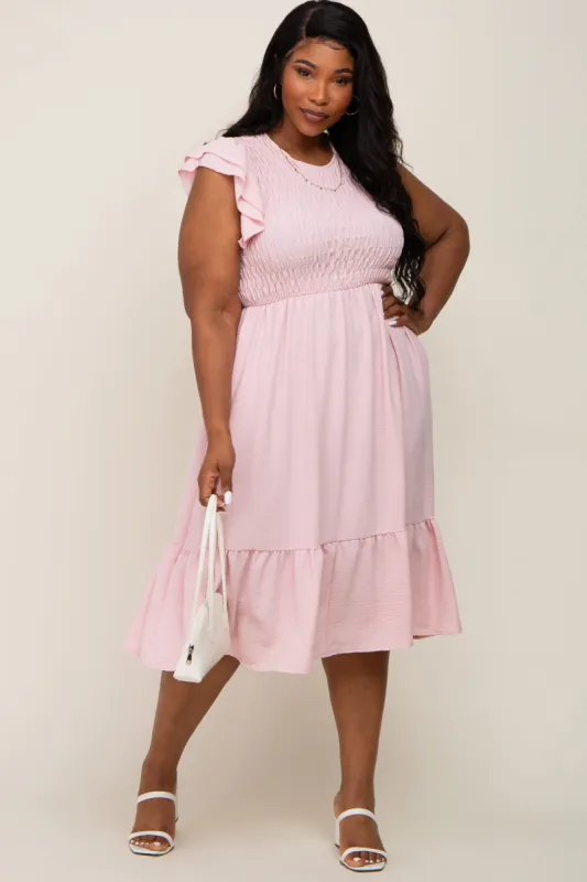 Light Pink Smocked Layered Ruffle Flutter Sleeve Plus Midi Dress sold by Pinkblush