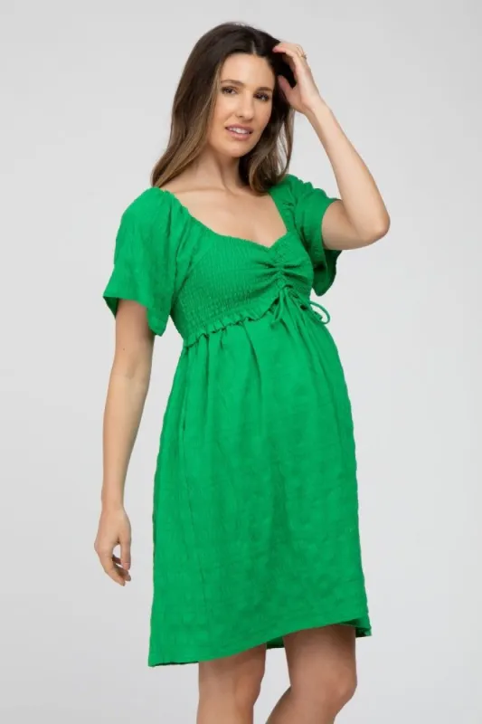 Green Smocked Ruched Tie Front Maternity Dress sold by Pinkblush