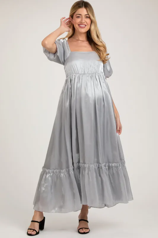 Silver Satin Square Neck Short Puff Sleeve Maternity Maxi Dress sold by Pinkblush