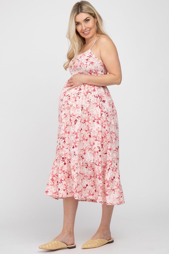 Pink Floral Sleeveless Ruffle Hem Maternity Midi Dress sold by Pinkblush product image thumbnail 2