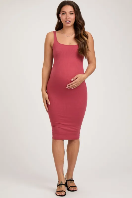 Rust Ribbed Square Neck Low Back Sleeveless Maternity Midi Dress sold by Pinkblush