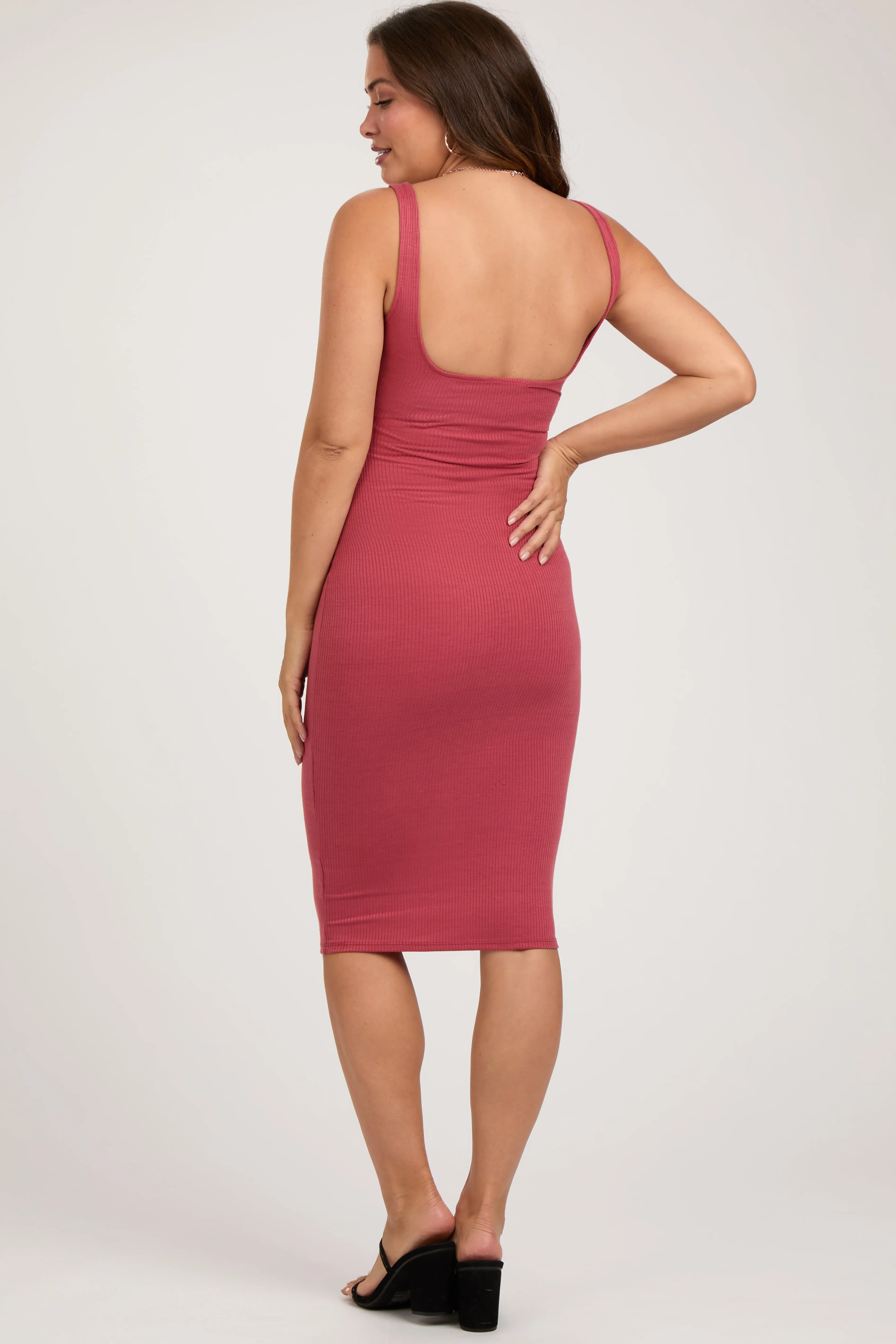 Rust Ribbed Square Neck Low Back Sleeveless Maternity Midi Dress sold by Pinkblush product image thumbnail 2